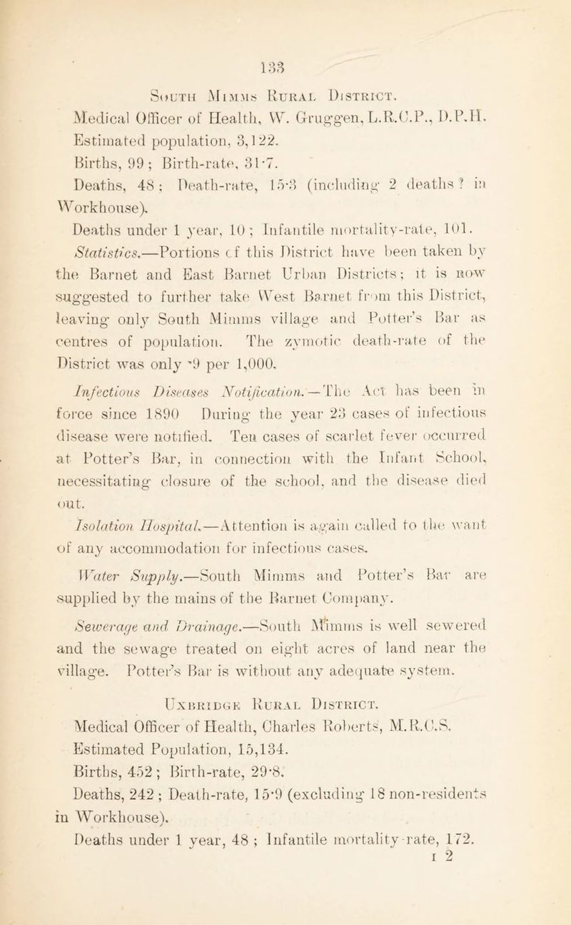 South Mimms Rural District. Medical Officer of Health, W. Grugg*en, L.R.C.P., D.P.H. Estimated population, 3,122. Births, 99; Birth-rate, 31 *7. Deaths, 48; Death-rate, 15*3 (including 2 deaths ? in Workhouse). Deaths under 1 year, 10; Infantile mortality-rate, 101. Statistics.—Portions cf this District have been taken by the Barnet and East Barnet Urban Districts; it is now suggested to further take West Barnet from this District, leaving only South Minims village and Potter’s Bar as centres of population. The zymotic death-rate of the District was only '9 per 1,000. Infectious Diseases Notification. — Idle Act has been m force since 1890 During the year 23 cases of infectious disease were notified. Ten cases of scarlet fever occurred at Potter’s Bar, in connection with the Infant School, necessitating closure of the school, and the disease died out. Isolation Hospital.—Attention is again called to the want of any accommodation for infectious cases. Water Supply.—South Minims and Potter’s Bar are supplied by the mains of the Barnet Company. Sewerage and Drainage.—South Minims is well sewered and the sewage treated on eight acres of land near the village. Potter’s Bar is without any adequate system. Uxbridge Rural District. Medical Officer of Health, Charles Roberts, M.R.C.S. Estimated Population, 15,134. Births, 452; Birth-rate, 29*8. Deaths, 242 ; Death-rate, 15*9 (excluding 18 non-residents in Workhousek / Deaths under 1 year, 48; Infantile mortality-rate, 172. i 2