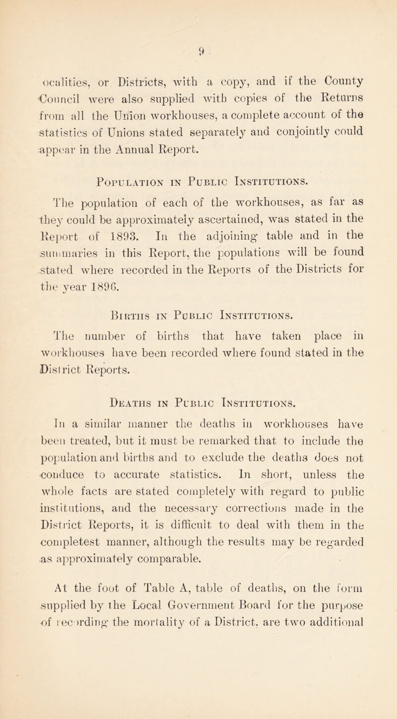 ocalities, or Districts, with a copy, and if the County Council were also supplied with copies of the Returns from all the Union workhouses, a complete account of the statistics of Unions stated separately and conjointly could appear in the Annual Report. Population in Public Institutions. The population of each of the workhouses, as far as they could be approximately ascertained, was stated in the Report of 1893. In the adjoining table and in the summaries in this Report, the populations will be found stated where recorded in the Reports of the Districts for the year 1896. Births in Public Institutions. The number of births that have taken place in workhouses have been recorded where found stated in the District Reports. Deaths in Public Institutions. In a similar manner the deaths in workhouses have been treated, but it must be remarked that to include the population and births and to exclude the deaths does not conduce to accurate statistics. In short, unless the whole facts are stated completely with regard to public institutions, and the necessary corrections made in the District Reports, it is difficult to deal with them in the completest manner, although the results may be regarded as approximately comparable. At the foot of Table A, table of deaths, on the form supplied by the Local Government Board for the purpose -of recording the mortality of a District, are two additional