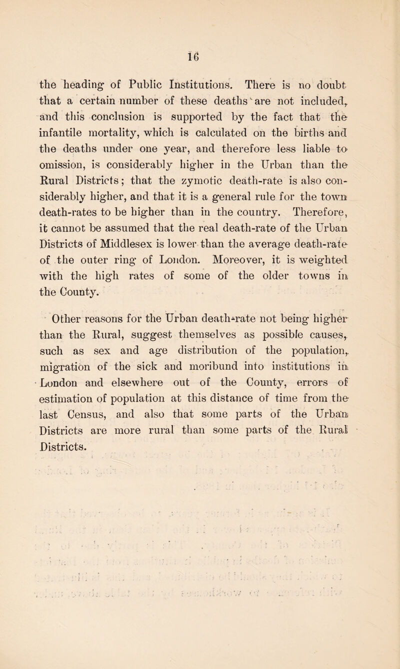 the heading of Public Institutions. There is no doubt that a certain number of these deaths are not included* and this conclusion is supported by tbe fact that the infantile mortality, which is calculated on the births and the deaths under one year, and therefore less liable to omission, is considerably higher in the Urban than the Rural Districts; that the zymotic death-rate is also con¬ siderably higher, and that it is a general rule for the town death-rates to be higher than in the country. Therefore, it cannot be assumed that the real death-rate of the Urban Districts of Middlesex is lower than the average death-rate of the outer ring of London. Moreover, it is weighted with the high rates of some of the older towns in the County. Other reasons for the Urban death-rate not being higher than the Rural, suggest themselves as possible causes, such as sex and age distribution of the population,, migration of the sick and moribund into institutions in London and elsewhere out of the County, errors of estimation of population at this distance of time from the last Census, and also that some parts of the Urban Districts are more rural than some parts of the Rural Districts.