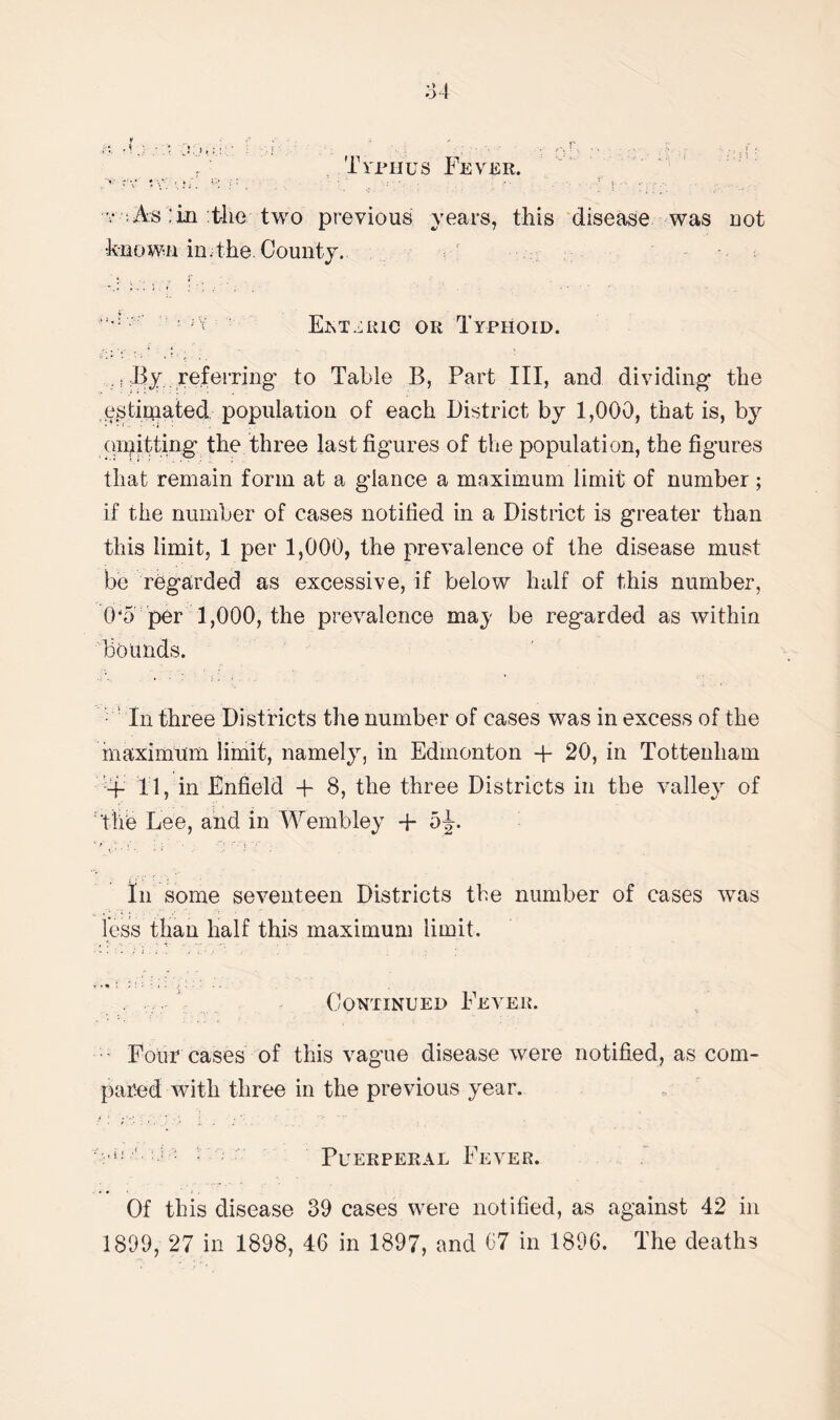 84 i' Typhus Fever. v .As‘in the two previous years, this disease was not known in.the. County. ' A1 Ert-huc or Typhoid. , By referring- to Table B, Part III, and dividing- the estimated population of each District by 1,000, that is, by omitting the three last figures of the population, the figures that remain form at a g'lance a maximum limit of number; if the number of cases notified in a District is greater than this limit, 1 per 1,000, the prevalence of the disease must be regarded as excessive, if below half of this number, 0‘5 per 1,000, the prevalence may be regarded as within bounds. In three Districts the number of cases was in excess of the maximum limit, namely, in Edmonton + 20, in Tottenham :-f 11, in Enfield -f 8, the three Districts in the valley of ‘the Lee, and in Wembley + 5J. In some seventeen Districts the number of cases was less than half this maximum limit. Continued Fever. Four cases of this vague disease were notified, as com¬ pared with three in the previous year. ’i: ^ • : Puerperal Fever. Of this disease 39 cases were notified, as against 42 in 1899, 27 in 1898, 46 in 1897, and 67 in 1896. The deaths