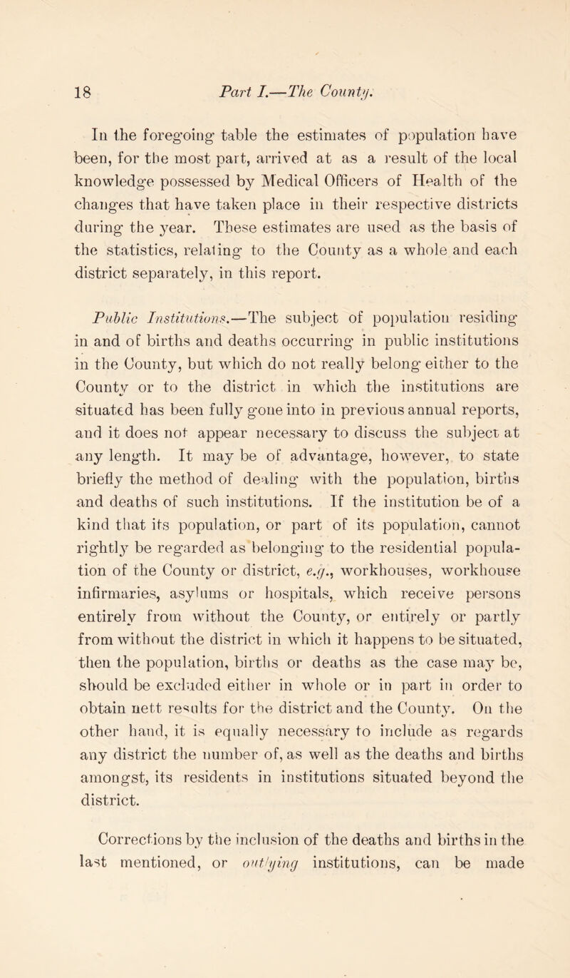 In the foregoing1 table the estimates of population have been, for the most part, arrived at as a result of the local knowledge possessed by Medical Officers of Health of the changes that have taken place in their respective districts daring the year. These estimates are used as the basis of the statistics, relaling to the County as a whole and each district separately, in this report. Public Institutions.—The subject of population residing in and of births and deaths occurring in public institutions in the County, but which do not really belong either to the County or to the district in which the institutions are situated has been fully gone into in previous annual reports, and it does not appear necessary to discuss the subject at any length. It may be of advantage, however, to state briefly the method of dealing with the population, births and deaths of such institutions. If the institution be of a kind that its population, or part of its population, cannot rightty be regarded as belonging to the residential popula¬ tion of the County or district, e.g.. workhouses, workhouse infirmaries, asylums or hospitals, which receive persons entirely from without the County, or entirely or partly from without the district in which it happens to be situated, then the population, births or deaths as the case may be, should be excluded either in whole or in part in order to obtain nett results for the district and the County. On the other hand, it is equally necessary to include as regards any district the number of, as well as the deaths and births amongst, its residents in institutions situated beyond the district. Corrections by the inclusion of the deaths and births in the last mentioned, or outlying institutions, can be made