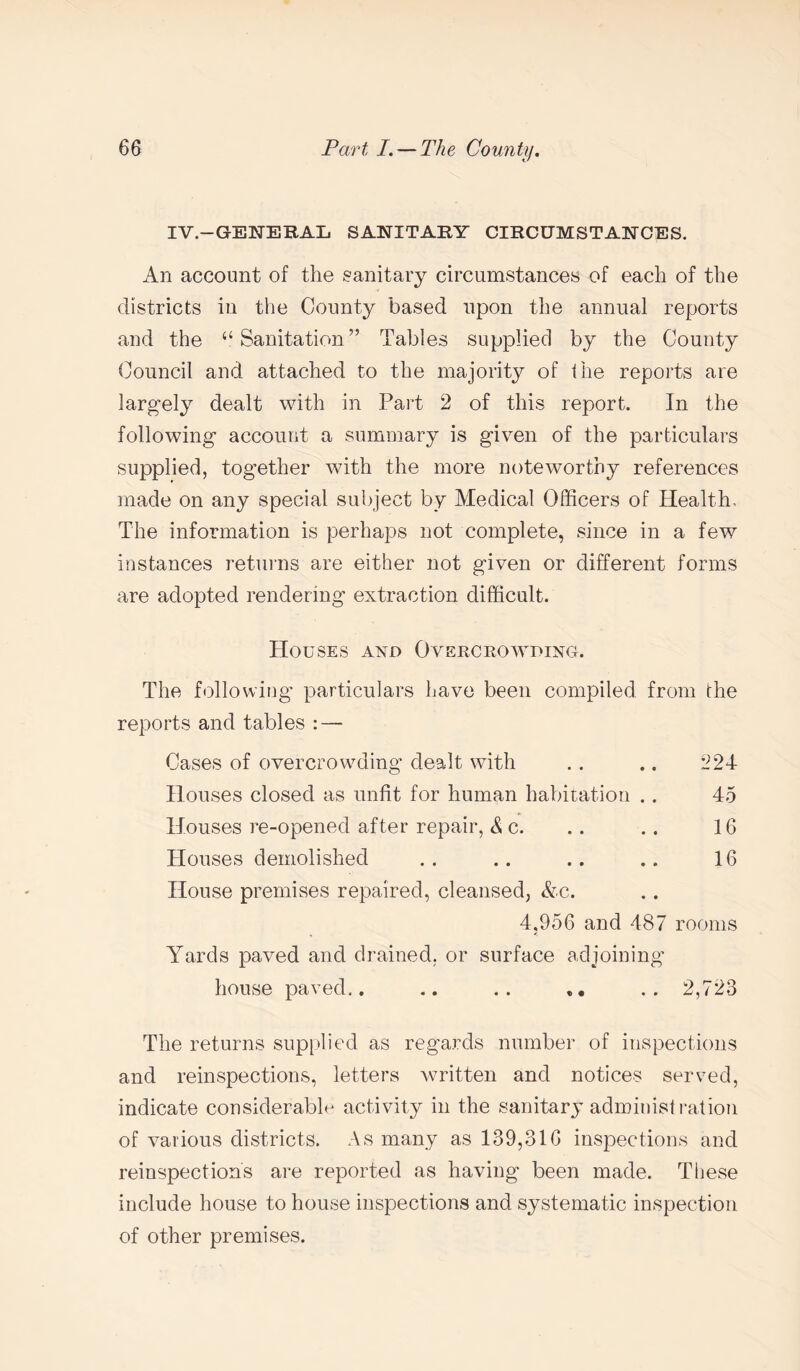 IV.-GENERAL SANITARY CIRCUMSTANCES. An account of the sanitary circumstances of each of the districts in the County based upon the annual reports and the “Sanitation” Tables supplied by the County Council and attached to the majority of the reports are largely dealt with in Part 2 of this report. In the following’ account a summary is given of the particulars supplied, together with the more noteworthy references made on any special subject by Medical Officers of Health. The information is perhaps not complete, since in a few instances returns are either not given or different forms are adopted rendering extraction difficult. Houses and Overcrowding. The following particulars have been compiled from the reports and tables : — Cases of overcrowding dealt with . . .. 224 Houses closed as unfit for human habitation .. 45 Houses re-opened after repair, & c. . . .. 16 Houses demolished .. .. .. .. 16 House premises repaired, cleansed, &c. 4,956 and 487 rooms Yards paved and drained, or surface adjoining' house paved.. .. .. .. 2,723 The returns supplied as regards number of inspections and reinspections, letters written and notices served, indicate considerable activity in the sanitary administration of various districts. As many as 139,316 inspections and reinspections are reported as having been made. These include house to house inspections and systematic inspection of other premises.