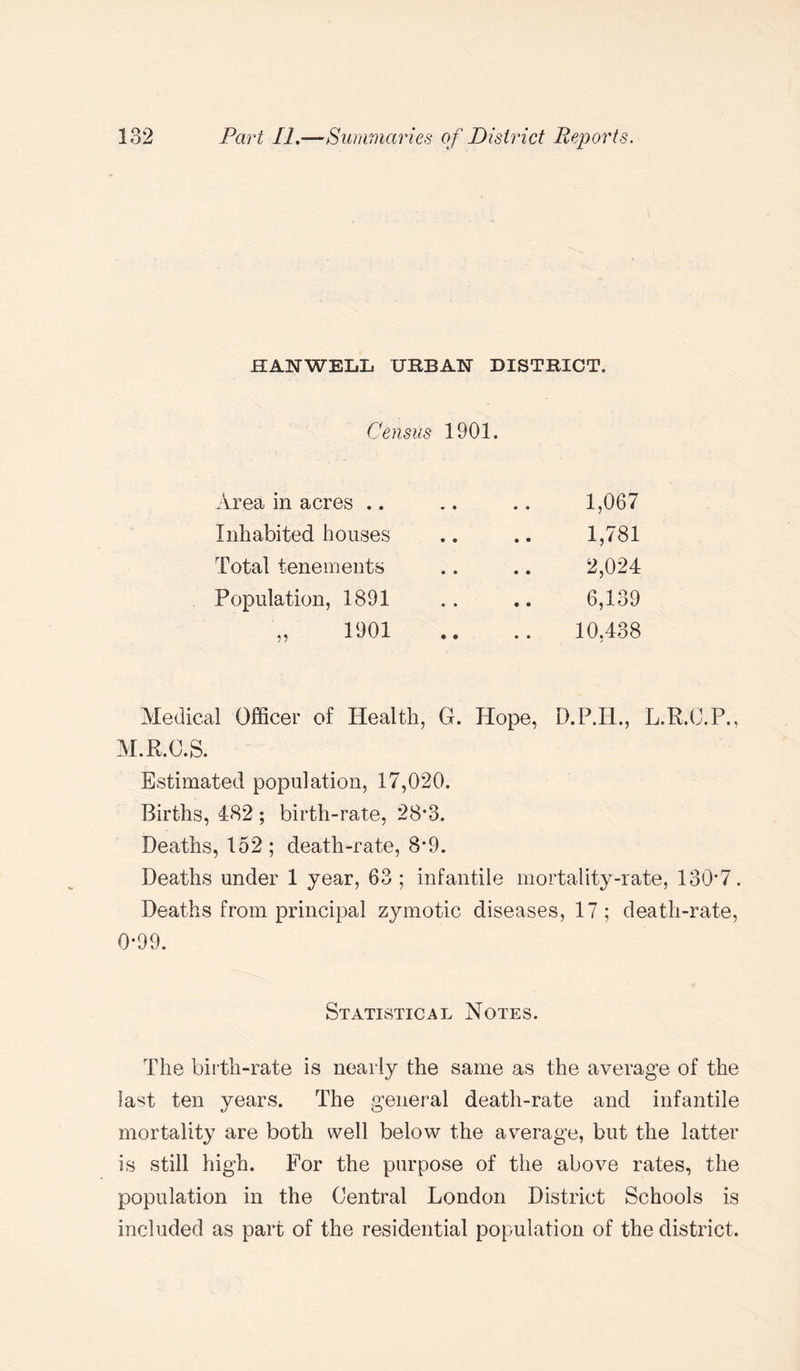 HARWELL URBAN DISTRICT. Census 1901. Area in acres .. 1,067 Inhabited houses 1,781 Total tenements 2,024 Population, 1891 6,139 1901 10,438 Medical Officer of Health, G. Hope, D.P.H., L.R.O.P., M.R.C.S. Estimated population, 17,020. Births, 482 ; birth-rate, 28*3. Deaths, 152 ; death-rate, 8*9. Deaths under 1 year, 63 ; infantile mortality-rate, 130*7. Deaths from principal zymotic diseases, 17 ; death-rate, 0*99. Statistical Notes. The birth-rate is nearly the same as the average of the last ten years. The general death-rate and infantile mortality are both well below the average, but the latter is still high. For the purpose of the above rates, the population in the Central London District Schools is included as part of the residential population of the district.