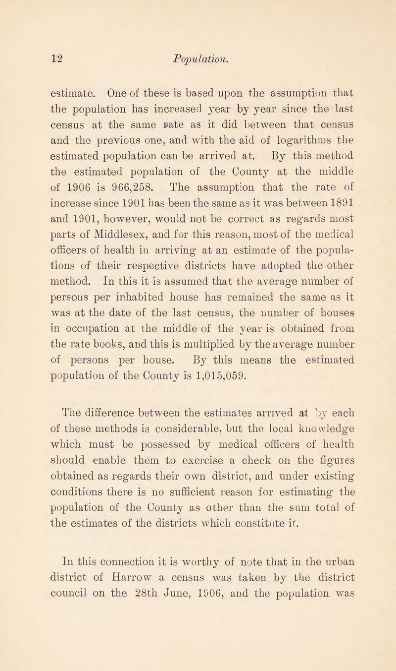 estimate. One of these is based upon the assumption that the population has increased year by year since the last census at the same rate as it did between that census and the previous one, and with the aid of logarithms the estimated population can be arrived at. By this method the estimated population of the County at the middle of 1906 is 966,258. The assumption that the rate of increase since 1901 has been the same as it was between 1891 and 1901, however, would not be correct as regards most parts of Middlesex, and for this reason, most of the medical officers of health in arriving at an estimate of the popula¬ tions of their respective districts have adopted the other method. In this it is assumed that the average number of persons per inhabited house has remained the same as it was at the date of the last census, the number of houses in occupation at the middle of the year is obtained from the ratebooks, and this is multiplied by the average number of persons per house. By this means the estimated population of the County is 1,015,059. The difference between the estimates arrived at by each of these methods is considerable, but the local knowledge which must be possessed by medical officers of health should enable them to exercise a check on the figures obtained as regards their own district, and under existing conditions there is no sufficient reason for estimating the population of the County as other than the sum total of the estimates of the districts which constitute it. In this connection it is worthy of note that in the urban district of Harrow a census was taken by the district council on the 28th June, 1906, and the population was