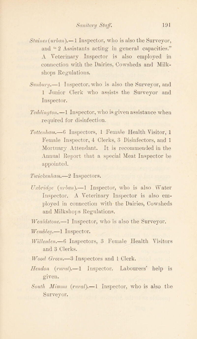 Staines (urban),—l Inspector, who is also the Surveyor, and “ 2 Assistants acting- in general capacities.” A Veterinary Inspector is also employed in connection with the Dairies, Cowsheds and Milk- shops Regulations. Simbury.—1 Inspector, who is also the Surveyor, and 1 Junior Clerk who assists the Surveyor and Inspector. Teddington.—1 Inspector, who is given assistance when required for disinfection. Tottenham.—6 Inspectors, 1 Female Health Visitor, 1 Female Inspector, 4 Clerks, 3 Disinfectors, and 1 Mortuary Attendant. It is recommended in the Annual Report that a special Meat Inspector be appointed. Twickenham.—2 Inspectors. Uxbridge (urban).—1 Inspector, who is also Water Inspector. A Veterinary Inspector is also em¬ ployed in connection with the Dairies, Cowsheds and Milkshops Regulations. Wealdstone.—1 Inspector, who is also the Surveyor. Wembley.—1 Inspector. Willesden.—6 Inspectors, 3 Female Health Visitors and 3 Clerks. Wood Green.—3 Inspectors and 1 Clerk. Hendon (rural).—1 Inspector. Labourers’ help is given. South Minims (rural).— 1 Inspector, who is also the Surveyor.