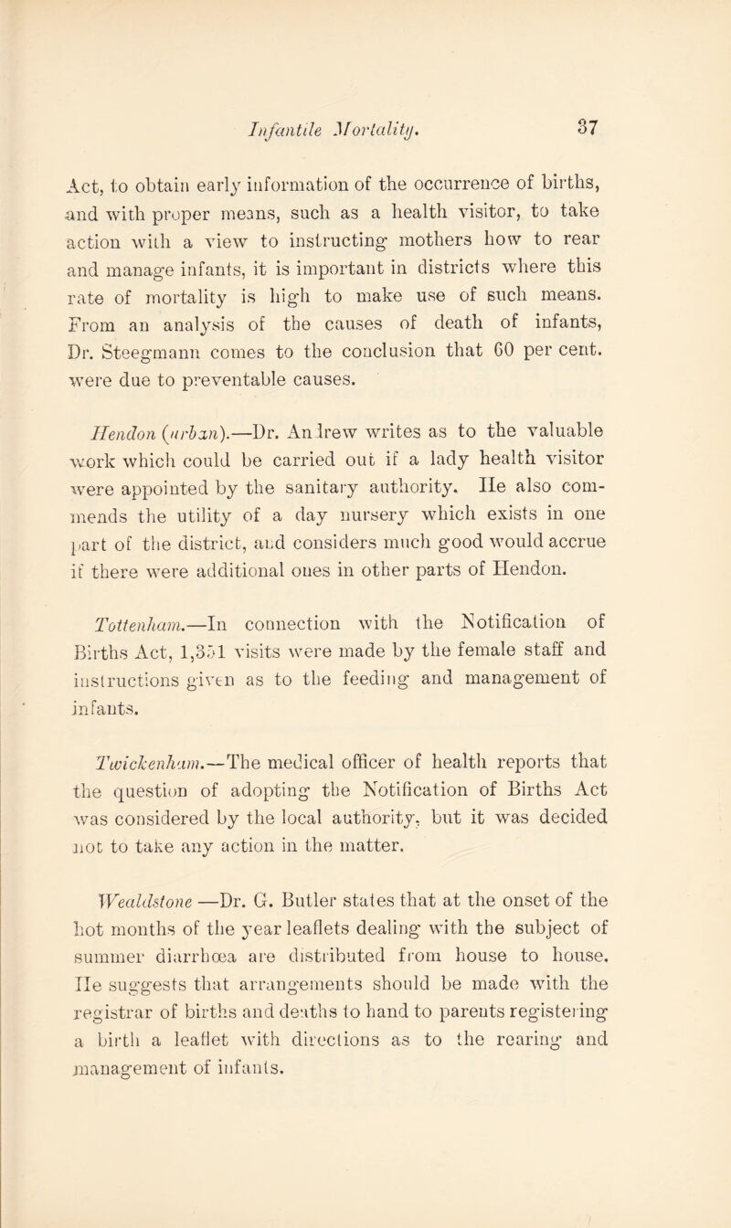 Act, to obtain early information of the occurrence of births, and with proper means, such as a health visitor, to take action with a view to instructing- mothers how to rear and manage infants, it is important in districts where this rate of mortality is high to make use of such means. From an analysis of the causes of death of infants, Dr. Steegmann comes to the conclusion that 60 per cent, were due to preventable causes. Hendon {urban).—Dr. Andrew writes as to the valuable work which could be carried out if a lady healtn visitor were appointed by the sanitary authority. He also com¬ mends the utility of a day nursery which exists in one part of the district, and considers much good would accrue if there were additional ones in other parts of Hendon. Tottenham.—In connection with the Notification of Births Act, 1,351 visits were made by the female staff and instructions given as to the feeding and management of infants. Twickenham.—The medical officer of health reports that the question of adopting the Notification of Births Act was considered by the local authority, but it was decided not to take any action in the matter. Wealdstone —Dr. G. Butler states that at the onset of the hot months of the year leaflets dealing with the subject of summer diarrhoea are distributed from house to house. He suggests that arrangements should be made with the registrar of births and deaths to hand to parents registering a birth a leaflet with directions as to the rearing and management of infants.