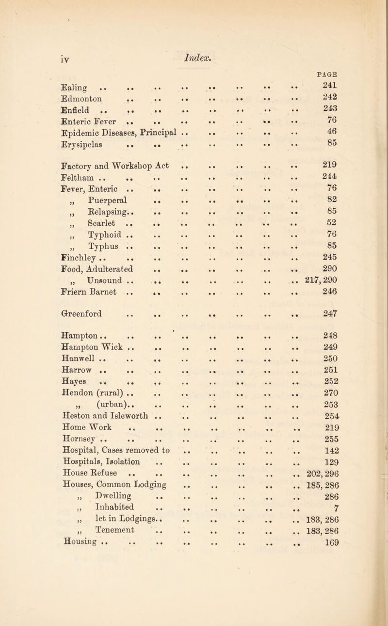 Ealing .. . • . • • • • • • • • • • • PAGE 241 242 Enfield . * #. • • • • • • ♦ i • • • ® 243 76 Epidemic Diseases, Principal • • • • • • • • • • 46 85 Factory and Workshop Act • • • • t • • • • • 219 Feltliam .. • • • • • • • • • • 244 Fever, Enteric .. *. • • • • • • • • • • 76 „ Puerperal . • • • • • • • • • • t 82 ,, Belapsing.. .. • « • • • • • • • • 85 ,, Scarlet .. .. • • • • • • • • • • 52 ,, Typhoid .. • • • • • • • • • 6 76 „ Typhus .. • * • • • • • • • • 85 Finchley .. .. • • • • • • • • • • 245 Food, Adulterated .. • • • • * • • • • • 290 „ Unsound .. .. • • • • • • • • • • 217,290 Friern Barnet .. «• • « • • • • • • • • 246 Greenford .. .. 247 • Hampton.. 248 Hampton Wick • • • • • • • • • • 249 Hanwell .. 250 Harrow .. 251 HfliJGS •» •« • • • • • • • • • • « « 252 Hendon (rural) .. • • • t • • « • • • 270 „ (urban).. ♦ ♦ • • • • • • • • 253 Heston and Isleworth .. • • • • • • « • • • 254 HomeWork 219 Hornsey .. • • • • • • • • • • 255 Hospital, Cases removed to • • • • • • • • • • 142 Hospitals, Isolation • « 129 House Eefuse • • • • • • • • • • 202, 296 Houses, Common Lodging • • • • • • • • • • 185, 286 ,, Dwelling • • • • « • • « • • 286 ,, Inhabited • • • « • • • • • • 7 „ let in Lodgings.. • • • • • • • • • • 183, 286 „ Tenement • • • • • • • • • • 183, 286 Housing .. • • • • • • • ♦ • • 169
