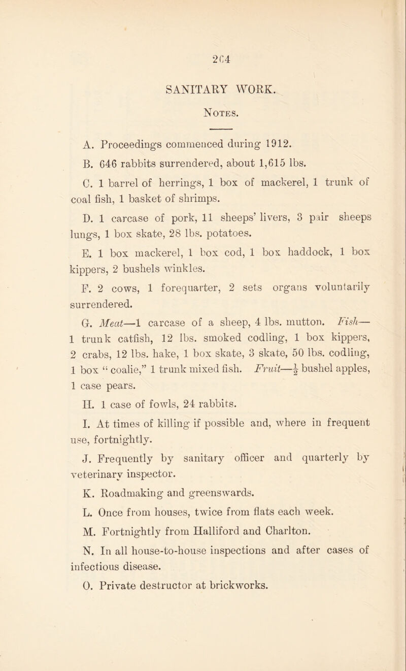 SANITARY WORK. Notes. A. Proceeding’s commenced during 1912. B. G46 rabbits surrendered, about 1,615 lbs. C. 1 barrel of herrings, 1 box of mackerel, 1 trunk of coal fish, 1 basket of shrimps. D. 1 carcase of pork, 11 sheeps’ livers, 3 pair sheeps lungs, 1 box skate, 28 lbs. potatoes. E. 1 box mackerel, 1 box cod, 1 box haddock, 1 box kippers, 2 bushels winkles. P. 2 cows, 1 forequarter, 2 sets organs voluntarily surrendered. G. Meat—1 carcase of a sheep, 4 lbs. mutton. Fish— 1 trunk catfish, 12 lbs. smoked codling, 1 box kippers, 2 crabs, 12 lbs. hake, 1 box skate, 3 skate, 50 lbs. codling, 1 box “ coalie,” 1 trunk mixed fish. Fruit—\ bushel apples, 1 case pears. II. 1 case of fowls, 24 rabbits. I. At times of killing if possible and, where in frequent use, fortnightly. J. Frequently by sanitary officer and quarterly by veterinary inspector. K. Roadmaking and greenswards. L. Once from houses, twice from fiats each week. M. Fortnightly from Halliford and Charlton. N. In all house-to-house inspections and after cases of infectious disease. O. Private destructor at brickworks.