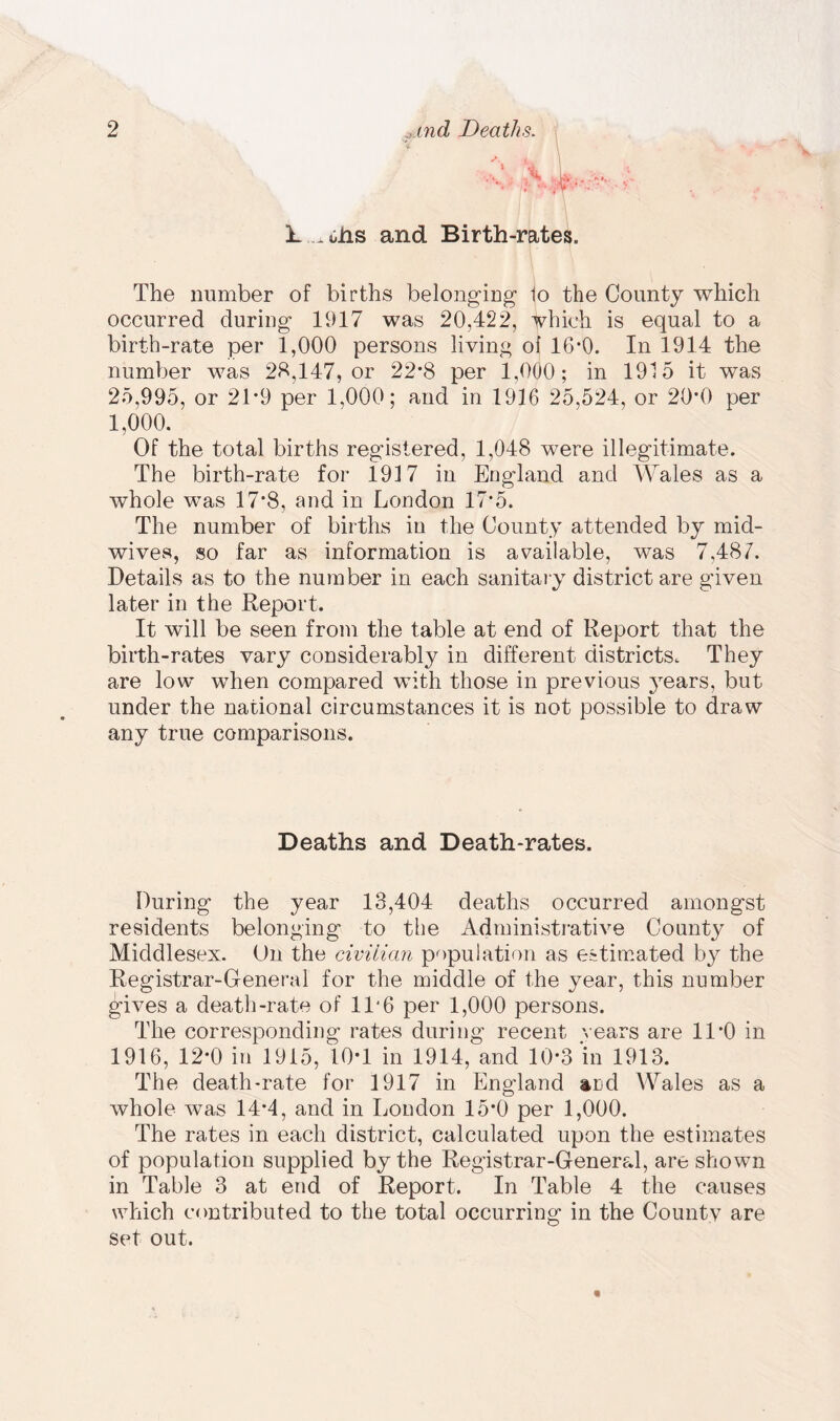 L ^hs and Birth-rates. The number of births belonging 1o the County which occurred during 1917 was 20,422, which is equal to a birth-rate per 1,000 persons living ol 16-0. In 1914 the number was 28,147, or 22*8 per 1,000; in 1915 it was 25,995, or 21*9 per 1,000; and in 1916 25,524, or 20*0 per 1,000. Of the total births registered, 1,048 were illegitimate. The birth-rate for 1917 in England and Wales as a whole was 17*8, and in London 17*5. The number of births in the County attended by mid¬ wives, so far as information is available, was 7,487. Details as to the number in each sanitary district are given later in the Report. It will be seen from the table at end of Report that the birth-rates vary considerably in different districts. They are low when compared with those in previous years, but under the national circumstances it is not possible to draw any true comparisons. Deaths and Death-rates. During the year 13,404 deaths occurred amongst residents belonging to the Administrative County of Middlesex. On the civilian population as estimated by the Registrar-General for the middle of the year, this number gives a death-rate of 11*6 per 1,000 persons. The corresponding rates during recent years are 11*0 in 1916, 12*0 in 1915, 10-1 in 1914, and 10*3 ‘in 1913. The death-rate for 1917 in England and Wales as a whole was 14*4, and in London 15*0 per 1,000. The rates in each district, calculated upon the estimates of population supplied by the Registrar-General, are shown in Table 3 at end of Report. In Table 4 the causes which contributed to the total occurring in the County are set out.