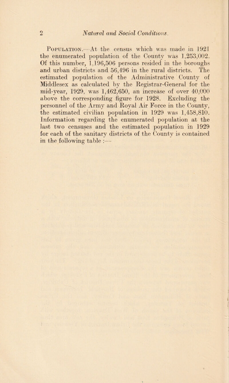 Population.—At the census which was made in 1921 the enumerated population of the County was 1,253,002. Of this number, 1,196,506 persons resided in the boroughs and urban districts and 56,496 in the rural districts. The estimated population of the Administrative County of Middlesex as calculated by the Registrar-General for the mid-year, 1929, was 1,462,650, an increase of over 40,000 above the corresponding figure for 1928. Excluding the personnel of the Army and Royal Air Force in the County, the estimated civilian population in 1929 was 1,458,810. Information regarding the enumerated population at the last two censuses and the estimated population in 1929 for each of the sanitary districts of the County is contained in the following table :—