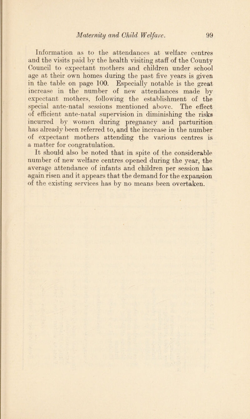 Information as to the attendances at welfare centres and the visits paid by the health visiting staff of the County Council to expectant mothers and children under school age at their own homes during the past five years is given in the table on page 100. Especially notable is the great increase in the number of new attendances made by expectant mothers, following the establishment of the special ante-natal sessions mentioned above. The effect of efficient ante-natal supervision in diminishing the risks incurred by women during pregnancy and parturition has already been referred to, and the increase in the number of expectant mothers attending the various centres is a matter for congratulation. It should also be noted that in spite of the considerable number of new welfare centres opened during the year, the average attendance of infants and children per session has again risen and it appears that the demand for the expansion of the existing services has by no means been overtaken.