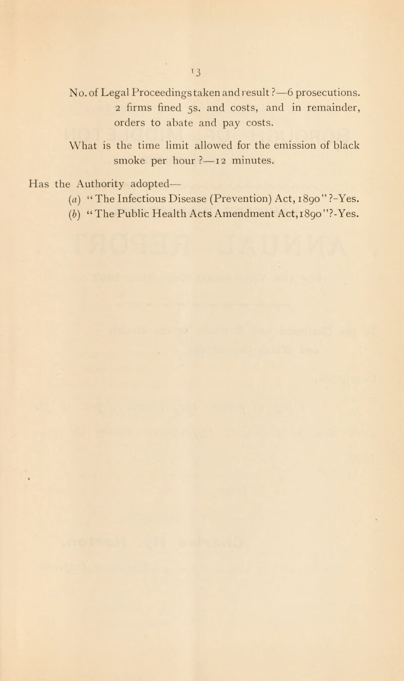 T3 No. of Legal Proceedings taken and result ?—6 prosecutions. 2 firms fined 5s. and costs, and in remainder, orders to abate and pay costs. What is the time limit allowed for the emission of black smoke per hour ?—12 minutes. Has the Authority adopted— (а) “ The Infectious Disease (Prevention) Act, 1890” ?-Yes. (б) “ The Public Health Acts Amendment Act,i89o”?-Yes.