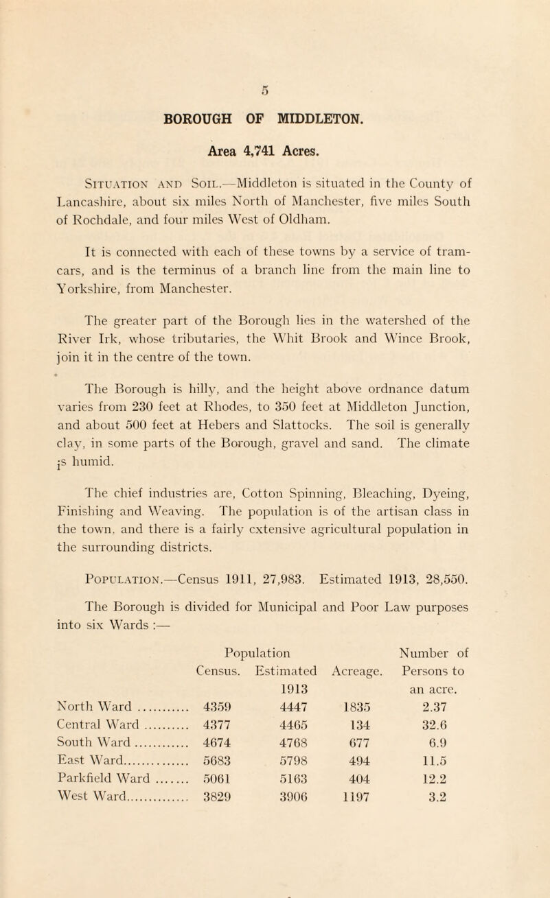 Area 4,741 Acres. Situation and Soil.—Middleton is situated in the County of Lancashire, about six miles North of Manchester, five miles South of Rochdale, and four miles West of Oldham. It is connected with each of these towns by a service of tram- cars, and is the terminus of a branch line from the main line to Yorkshire, from Manchester. The greater part of the Borough lies in the watershed of the River Irk, whose tributaries, the Whit Brook and Wince Brook, join it in the centre of the town. » The Borough is hilly, and the height above ordnance datum varies from 230 feet at Rhodes, to 350 feet at Middleton Junction, and about 500 feet at Hebers and Slattocks. The soil is generally clay, in some parts of the Borough, gravel and sand. The climate jS humid. The chief industries are, Cotton Spinning, Bleaching, Dyeing, Finishing and Weaving. The population is of the artisan class in the town, and there is a fairly extensive agricultural population in the surrounding districts. Population.—Census 1911, 27,983. Estimated 1913, 28,550. The Borough is divided for Municipal and Poor Law purposes into six Wards :— North Ward ... Central Ward .. South Ward .... East Ward. Parkfield Ward West Ward. Population Census. Estimated 1913 4359 4447 4377 4465 4674 4768 5683 5798 5061 5163 3829 3906 Acreage. Number of Persons to 1835 an acre. 2.37 134 32.6 677 6.9 494 11.5 404 12.2 1197 3.2