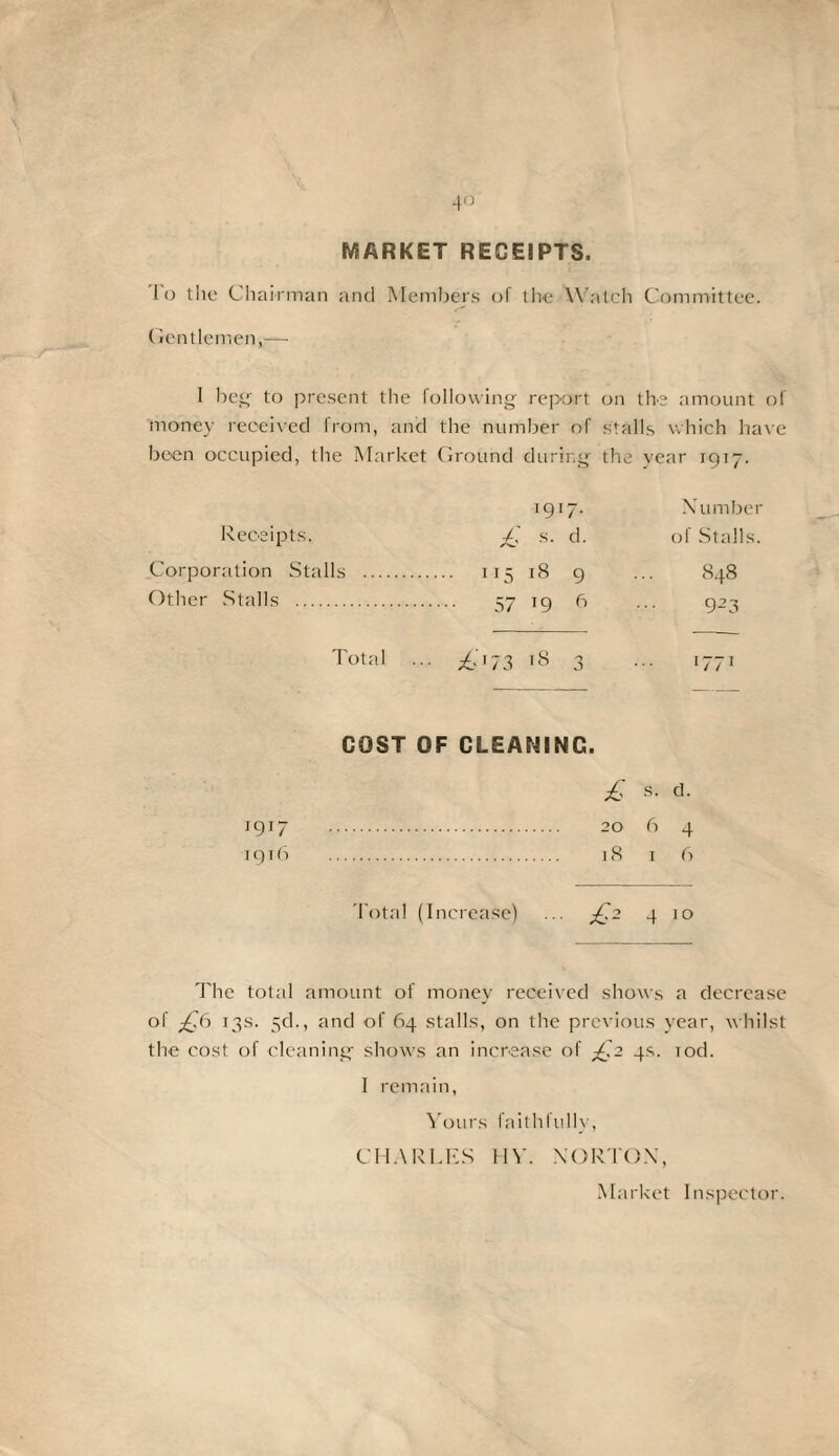 MARKET RECEIPTS, i o the Chairman and Members of the Watch Committee. (ientlemen,— I beg- to present the following- report on the amount of money received from, and the number of stalls which have been occupied, the Market Ground during- the year 1917. 1917. Receipts. £ s. d. Corporation Stalls . 115 18 9 Other Stalls . 57 19 6 Total ... /ft 73 18 3 ... 1771 COST OF CLEANING. £ s- d- 1917 . 20 6 4 1916 . 18 1 6 Number of Stalls. 848 923 Total (Increase) ... £2 4 10 The total amount of money received shows a decrease of £6 13s. 3d., and of 64 stalls, on the previous year, whilst the cost of cleaning- shows an increase of £2 4s. tod. I remain, Yours faithfully, CHARLES HY. NORTON, Market Inspector.