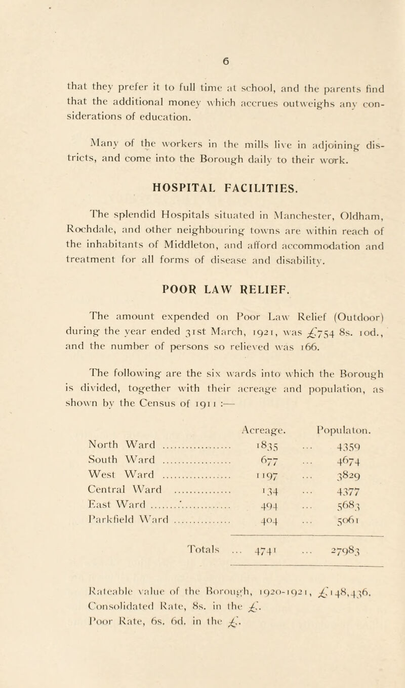 that they prefer it to full time at school, and the parents find that the additional money which accrues outweighs any con¬ siderations of education. Many of the workers in the mills live in adjoining dis¬ tricts, and come into the Borough daily to their work. HOSPITAL FACILITIES. The splendid Hospitals situated in Manchester, Oldham, Rochdale, and other neighbouring towns are within reach of the inhabitants of Middleton, and afford accommodation and treatment for all forms of disease and disability. POOR LAW RELIEF. The amount expended on Poor Law Relief (Outdoor) during the year ended 31st March, 1921, was ^'754 8s. iod., and the number of persons so relieved was 166. The following are the six wards into which the Borough is divided, together with their acreage and population, as shown by the Census of 1911 :— North Ward . South Ward . West Ward . Central Ward . East Ward .7. Parkfield Ward . Totals Acreage. Populaton. vrt 00 4356 677 4674 1197 3829 134 4377 464 5683 404 5°6i 4741 27983 Rateable value of the Borough, 1920-1921, ^,'148,4 ^6. Consolidated Rate, 8s. in the Poor Rate, 6s. 6d. in the