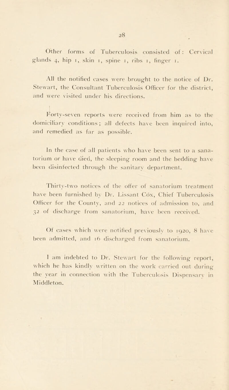 Other forms of Tuberculosis consisted of: Cervical glands 4, hip 1, skin 1, spine 1, ribs 1, finger 1. All the notified cases were brought to the notice of Dr. Stewart, the Consultant Tuberculosis Officer for the district, and were visited under his directions. 1 Forty-seven reports were received from him as to the domiciliary conditions; all defects hav e been inquired into, and remedied as far as possible. In the case of all patients who have been sent to a sana¬ torium or have died, the sleeping room and the bedding have been disinfected through the sanitary department. Thirty-two notices of the offer of sanatorium treatment have been furnished bv Dr. Lissanl Cbx, Chief Tuberculosis Officer lor the County, and 22 notices of admission to, and 32 of discharge from sanatorium, have been received. Of cases which were notified previously to 1920, 8 have been admitted, and ib discharged from sanatorium. 1 am indebted to Dr. Stewart for the following report, which he has kindly written on the work carried out during the year in connection with the 1 uberculosis Dispensary in Middleton.