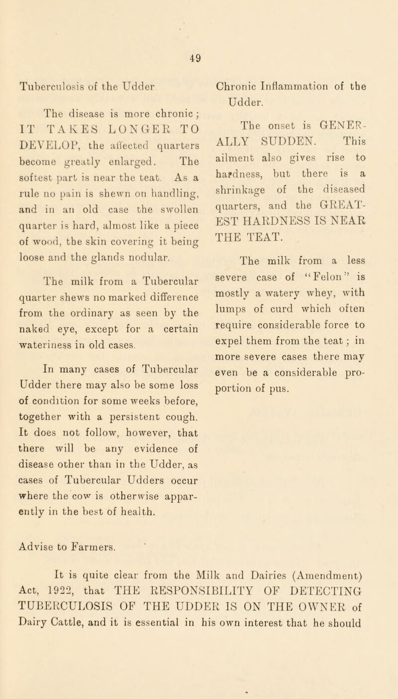 Tuberculosis of the Udder The disease is more chronic; IT TAKES LONGER TO DEVELOP, the affected quarters become greatly enlarged. The softest part is near the teat. As a rule no pain is shewn on handling, and in an old case the swollen quarter is hard, almost like a piece of wood, the skin covering it being loose and the glands nodular. The milk from a Tubercular quarter shews no marked difference from the ordinary as seen by the naked eye, except for a certain wateriness in old cases. In many cases of Tubercular Udder there may also be some loss of condition for some weeks before, together with a persistent cough. It does not follow, however, that there will be any evidence of disease other than in the Udder, as cases of Tubercular Udders occur where the cow is otherwise appar¬ ently in the best of health. Advise to Farmers. Chronic Inflammation of the Udder. The onset is GENER¬ ALLY SUDDEN. This ailment also gives rise to hardness, but there is a shrinkage of the diseased quarters, and the GREAT¬ EST HARDNESS IS NEAR THE TEAT. The milk from a less severe case of “Felon” is mostly a watery whey, with lumps of curd which often require considerable force to expel them from the teat; in more severe cases there may even be a considerable pro¬ portion of pus. It is quite clear from the Milk and Dairies (Amendment) Act, 1922, that THE RESPONSIBILITY OF DETECTING TUBERCULOSIS OF THE UDDER IS ON THE OWNER of Dairy Cattle, and it is essential in his own interest that he should