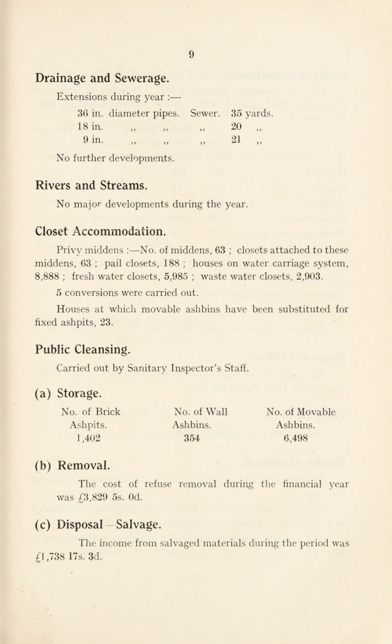 Drainage and Sewerage. Extensions during year :— 36 in. diameter pipes. Sewer. 35 yards. 18 in. „ „ „ 20 „ 9 in. „ „ ,, 21 No further developments. Rivers and Streams. No major developments during the year. Closet Accommodation. Privy middens :—No. of middens, 63 ; closets attached to these middens, 63 ; pail closets, 188 ; houses on water carriage system, 8,888 ; fresh water closets, 5,985 ; waste water closets, 2,903. 5 conversions were carried out. Houses at which movable ashbins have been substituted for fixed ashpits, 23. Public Cleansing. Carried out by Sanitary Inspector’s Staff. (a) Storage. No. of Brick Ashpits. 1,402 (b) Removal. The cost of refuse removal during the financial year Was £3,829 5s. Od. (c) Disposal- Salvage. The income from salvaged materials during the period was £1,738 17s. 3d. No. of Wall Ashbins. 354 No. of Movable Ashbins. 6,498