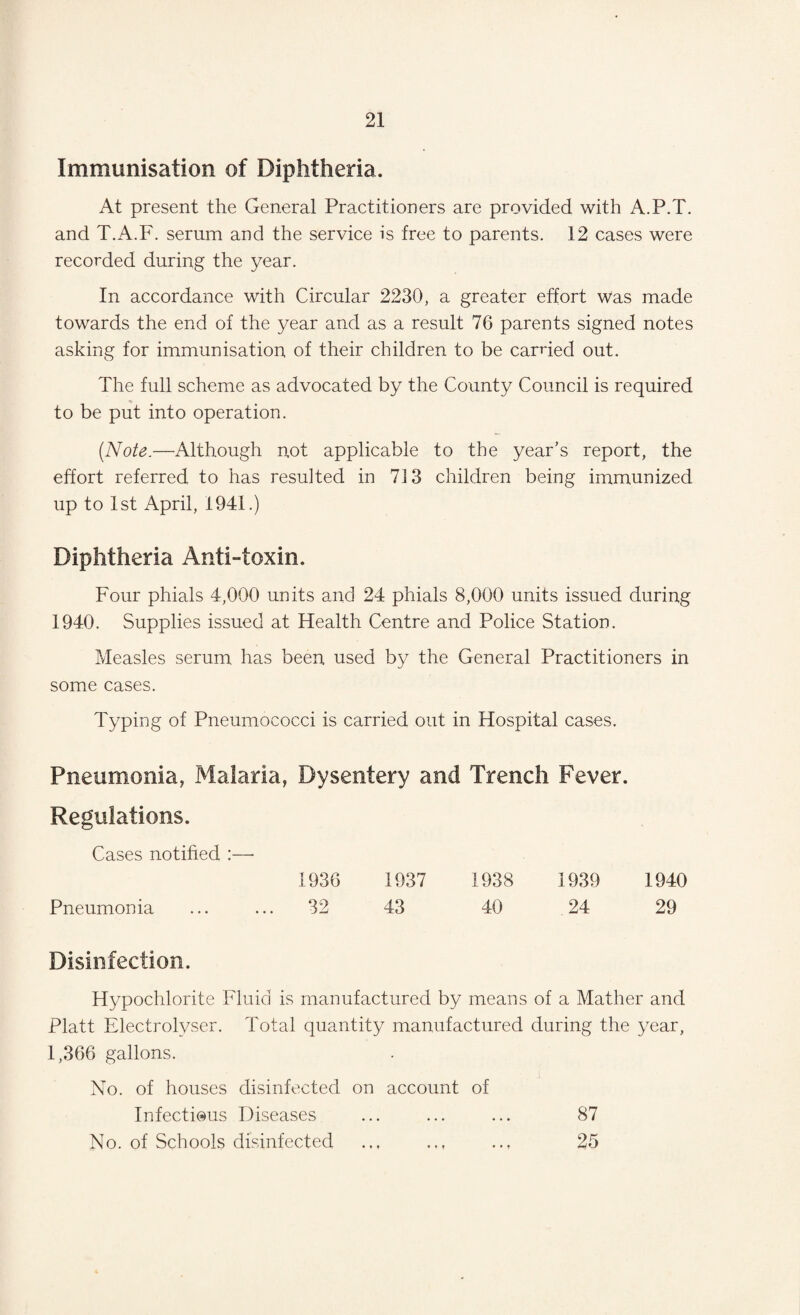 Immunisation of Diphtheria. At present the General Practitioners are provided with A.P.T. and T.A.F. serum and the service is free to parents. 12 cases were recorded during the year. In accordance with Circular 2230, a greater effort Was made towards the end of the year and as a result 76 parents signed notes asking for immunisation of their children to be carried out. The full scheme as advocated by the County Council is required to be put into operation. (Note.—Although not applicable to the year’s report, the effort referred to has resulted in 713 children being immunized up to 1st April, 1941.) Diphtheria Anti-toxin. Four phials 4,000 units and 24 phials 8,000 units issued during 1940. Supplies issued at Health Centre and Police Station. Measles serum has been used by the General Practitioners in some cases. Typing of Pneumococci is carried out in Hospital cases. Pneumonia, Malaria, Dysentery and Trench Fever. Regulations. Cases notified :—■ 1936 1937 1938 1939 1940 Pneumonia ... ... 32 43 40 24 29 Disinfection. Hypochlorite Fluid is manufactured by means of a Mather and Platt Electrolyser. Total quantity manufactured during the year, 1,366 gallons. No. of houses disinfected on account of Infectious Diseases ... ... ... 87 No. of Schools disinfected ... .., 25