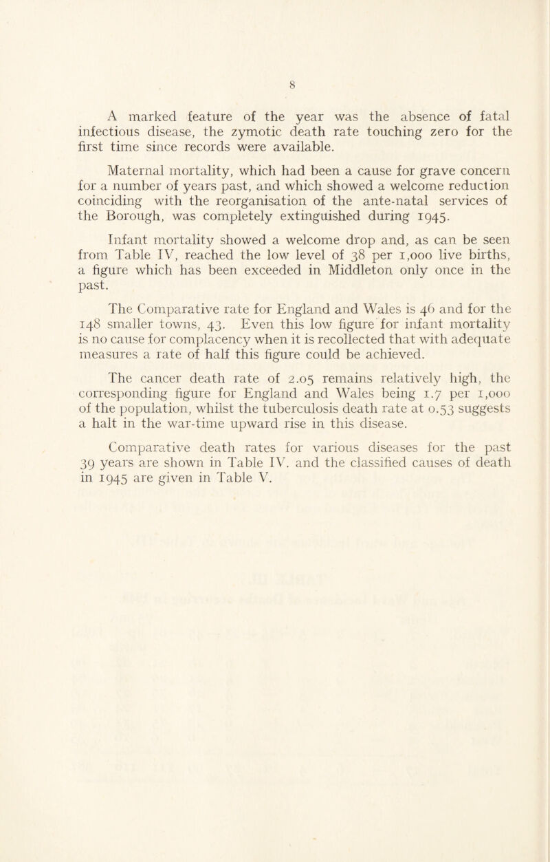 A marked feature of the year was the absence of fatal infectious disease, the zymotic death rate touching zero for the first time since records were available. Maternal mortality, which had been a cause for grave concern for a number of years past, and which showed a welcome reduction coinciding with the reorganisation of the ante-natal services of the Borough, was completely extinguished during 1945. Infant mortality showed a welcome drop and, as can be seen from Table IV, reached the low level of 38 per 1,000 live births, a figure which has been exceeded in Middleton only once in the past. The Comparative rate for England and Wales is 46 and for the 148 smaller towns, 43. Even this low figure for infant mortality is no cause for complacency when it is recollected that with adequate measures a rate of half this figure could be achieved. The cancer death rate of 2.05 remains relatively high, the corresponding figure for England and Wales being 1.7 per 1,000 of the population, whilst the tuberculosis death rate at 0.53 suggests a halt in the war-time upward rise in this disease. Comparative death rates for various diseases for the past 39 years are shown in Table IV. and the classified causes of death in 1945 are given in Table V.