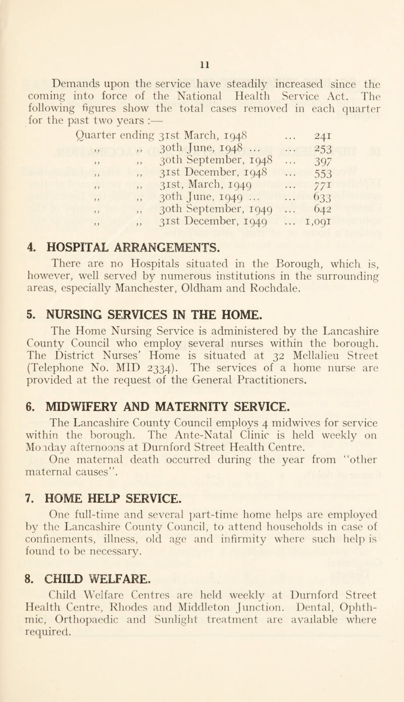 Demands upon the service have steadily increased since the coming into force of the National Health Service Act. The following figures show the total cases removed in each quarter for the past two years :— Quarter ending 31st March, 1948 ... 241 ,, ,, 30th June, 1948.. 253 ,, ,, 30th September, 1948 ... 397 ,, ,, 31st December, 1948 ... 553 ,, ,, 31st, March, 1949 ... 771 ,, ,, 30th June, 1949. 633 ,, ,, 30th September, 1949 ... 642 ,, ,, 31st December, 1949 ... 1,091 4. HOSPITAL ARRANGEMENTS. There are no Hospitals situated in the Borough, which is, however, well served by numerous institutions in the surrounding areas, especially Manchester, Oldham and Rochdale. 5. NURSING SERVICES IN THE HOME. The Home Nursing Service is administered by the Lancashire County Council who employ several nurses within the borough. The District Nurses’ Home is situated at 32 Mellalieu Street (Telephone No. MID 2334). The services of a home nurse are provided at the request of the General Practitioners. 6. MIDWIFERY AND MATERNITY SERVICE. The Lancashire County Council employs 4 midwives for service within the borough. The Ante-Natal Clinic is held weekly on Monday afternoons at Durnford Street Health Centre. One maternal death occurred during the year from “other maternal causes”. 7. HOME HELP SERVICE. One full-time and several part-time home helps are employed by the Lancashire County Council, to attend households in case of confinements, illness, old age and infirmity where such help is found to be necessary. 8. CHILD WELFARE, Child Welfare Centres are held weekly at Durnford Street Health Centre, Rhodes and Middleton Junction. Dental, Ophth- mic, Orthopaedic and Sunlight treatment are available where required.