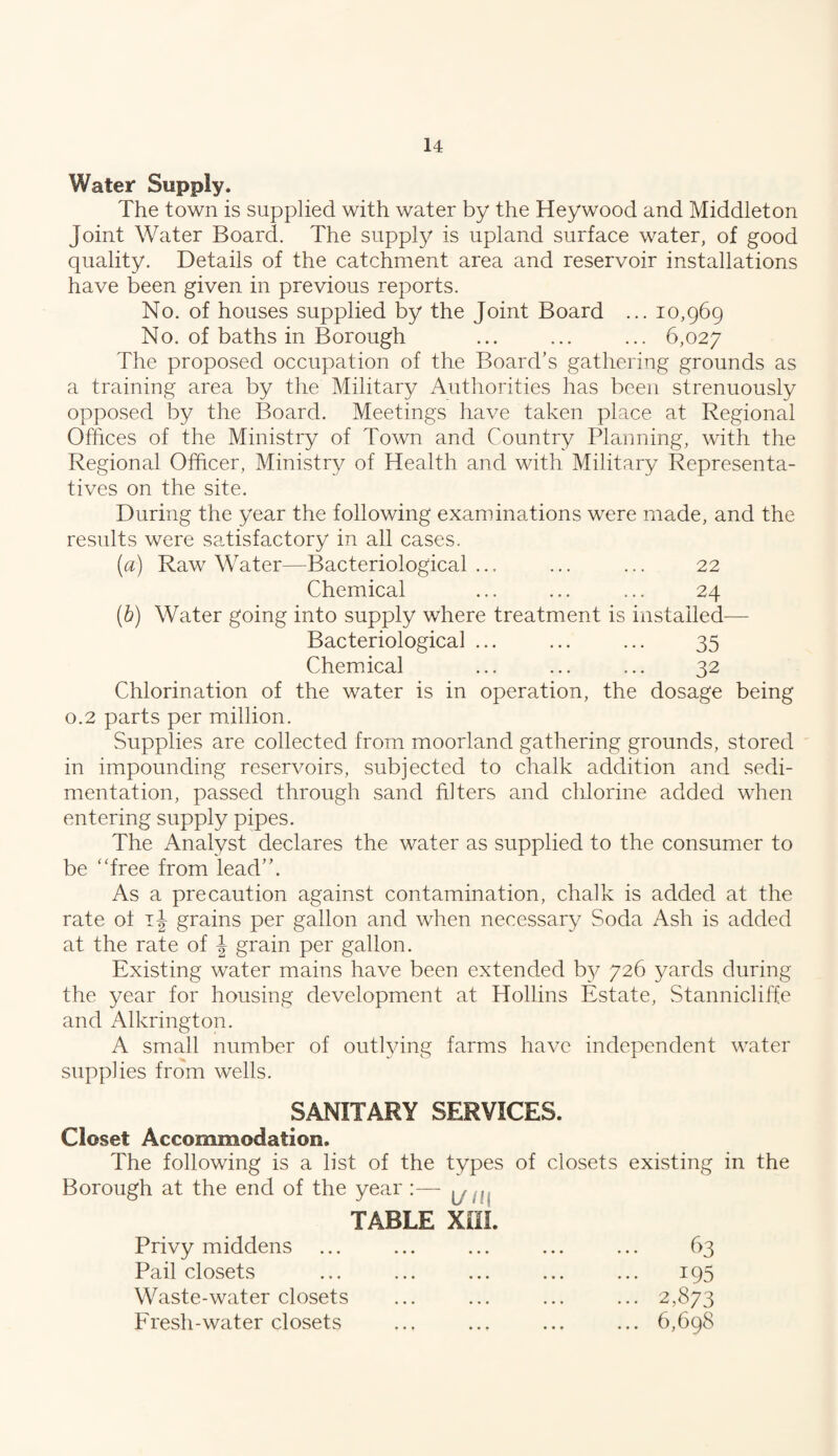 Water Supply. The town is supplied with water by the Heywood and Middleton Joint Water Board. The supply is upland surface water, of good quality. Details of the catchment area and reservoir installations have been given in previous reports. No. of houses supplied by the Joint Board ... 10,969 No. of baths in Borough ... ... ... 6,027 The proposed occupation of the Board’s gathering grounds as a training area by the Military Authorities has been strenuously opposed by the Board. Meetings have taken place at Regional Offices of the Ministry of Town and Country Planning, with the Regional Officer, Ministry of Health and with Military Representa¬ tives on the site. During the year the following examinations were made, and the results were satisfactory in all cases. (a) Raw Water—Bacteriological... ... ... 22 Chemical ... ... ... 24 (b) Water going into supply where treatment is installed— Bacteriological ... ... ... 35 Chemical ... ... ... 32 Chlorination of the water is in operation, the dosage being 0.2 parts per million. Supplies are collected from moorland gathering grounds, stored in impounding reservoirs, subjected to chalk addition and sedi¬ mentation, passed through sand filters and chlorine added when entering supply pipes. The Analyst declares the water as supplied to the consumer to be “free from lead”. As a precaution against contamination, chalk is added at the rate ot ij grains per gallon and when necessary Soda Ash is added at the rate of J grain per gallon. Existing water mains have been extended by 726 yards during the year for housing development at Hollins Estate, Stannicliffe and Alkrington. A small number of outlying farms have independent water supplies from wells. SANITARY SERVICES. Closet Accommodation. The following is a list of the types of closets existing in the Borough at the end of the year ^ jlt TABLE XIII. Privy middens Pail closets Waste-water closets Fresh-water closets 63 195 2,873 6,698