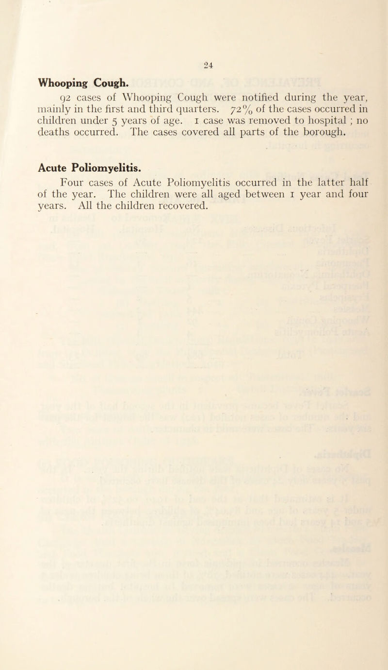 Whooping Cough. 92 cases of Whooping Cough were notified during the year, mainly in the first and third quarters. 72% of the cases occurred in children under 5 years of age. 1 case was removed to hospital ; no deaths occurred. The cases covered all parts of the borough. Acute Poliomyelitis. Four cases of Acute Poliomyelitis occurred in the latter half of the year. The children were all aged between 1 year and four years. All the children recovered.