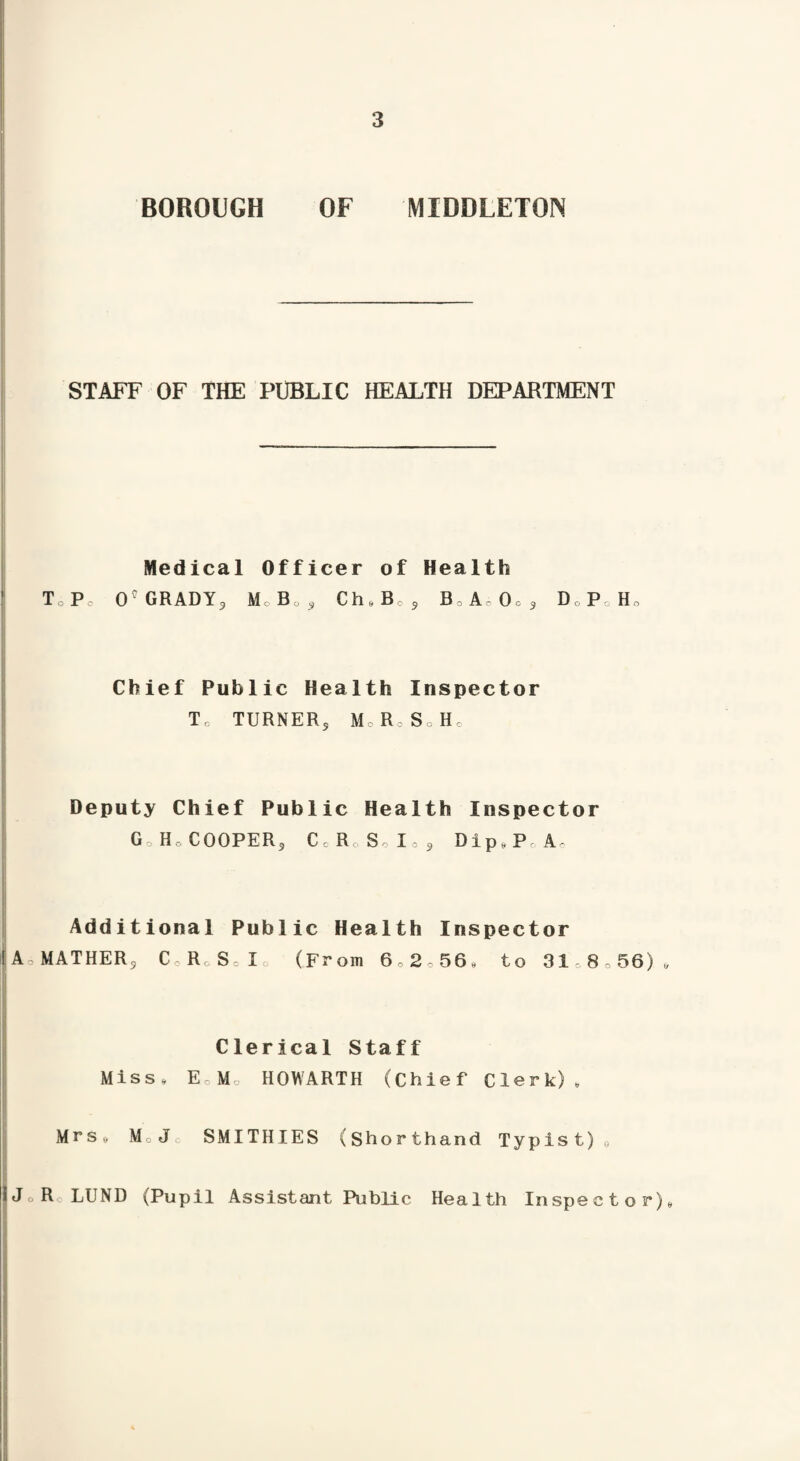 BOROUGH OF MIDDLETON STAFF OF THE PUBLIC HEALTH DEPARTMENT Medical Officer of Health ToP, (P GRADY* Mo Bo, Che Bo s Bo A 0o5 DPoHo Chief Public Health Inspector To TURNER* MoR So Ho Deputy Chief Public Health Inspector Go HoCOOPER* CoR:SoIo, Dip*P A^ Additional Public Health Inspector 1Ar MATHER* C R So I , (From 6.2c56, to 31 8o56)„ Clerical Staff Miss» Eo Mo HOWARTH (Chief Clerk) , Mrs* MoJ; SMITHIES (Shorthand Typist)0 J R0 LUND (Pupil Assistant Public Health Inspector),