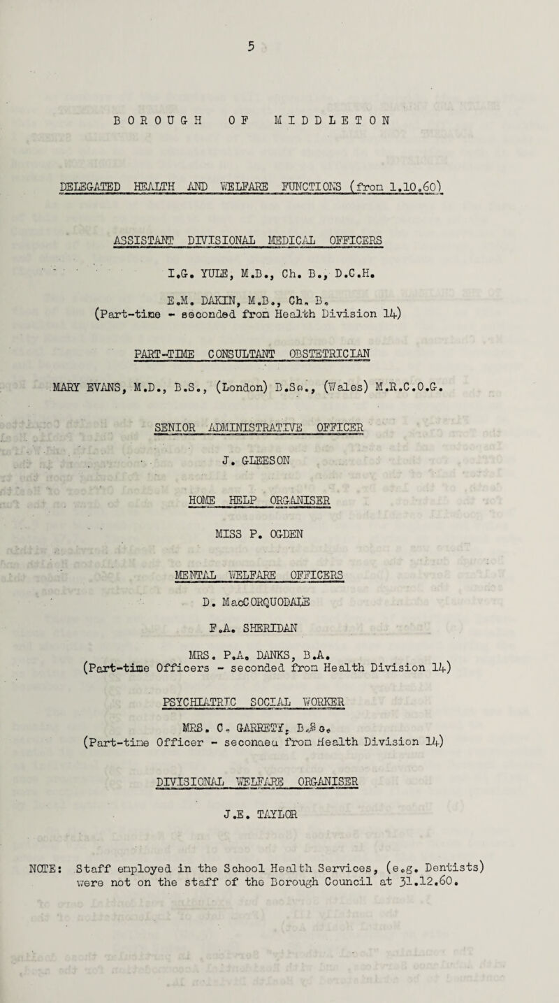 BOROUGH OF MIDDLETON DELEGATED HEALTH AND WELFARE FUNCTIONS (fron 1.10.60s) ASSISTANT DIVISIONAL MEDICAL OFFICERS I*G. YULE, M.B., Ch. B., D.C.H. E«M. DAKIN, M.B., Ch. B, (Part-time - seconded fron Health Division 14) PART-TIME CONSULTANT OBSTETRICIAN MARY EVANS, M.D., B.S., (London) B.So., (Wales) M.R.C.O.G. SENIOR ADMINISTRATIVE OFFICER J. GLEESON HOME HELP ORGANISER MISS P. OGDEN MENTAL WELFARE OFFICERS D. MacCORQUODALE F.A. SHERIDAN MRS. P«A0 DANKS, B.A. (Part-time Officers - seconded fron Health Division 14) PSYCHIATRIC SOCIAL WORKER MRS. 0, GARRET!t BJo, (Part-tine Officer - seconaeu fron Health Division 14) DIVISIONAL WELFARE ORGANISER J.E. TAYLOR NOTE: Staff employed in the School Health Services, (e0g. Dentists) were not on the staff of the Borough Council at 3U2.60.