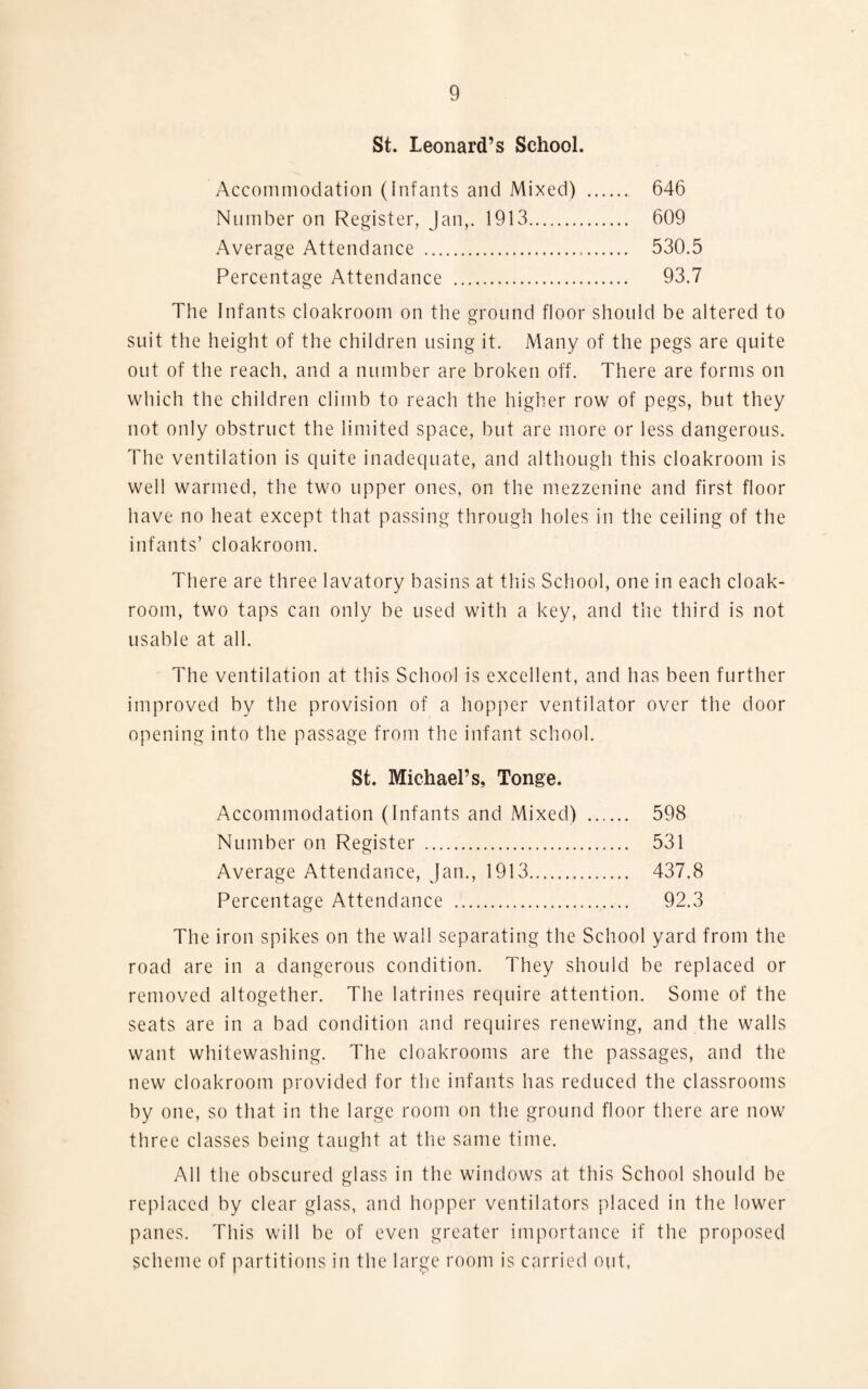 St. Leonard’s School. Accommodation (Infants and Mixed) . 646 Number on Register, Jan,. 1913. 609 Average Attendance .. 530.5 Percentage Attendance . 93.7 o The Infants cloakroom on the ground floor should be altered to suit the height of the children using it. Many of the pegs are quite out of the reach, and a number are broken off. There are forms on which the children climb to reach the higher row of pegs, but they not only obstruct the limited space, but are more or less dangerous. The ventilation is quite inadequate, and although this cloakroom is well warmed, the two upper ones, on the mezzenine and first floor have no heat except that passing through holes in the ceiling of the infants’ cloakroom. There are three lavatory basins at this School, one in each cloak¬ room, two taps can only be used with a key, and the third is not usable at all. The ventilation at this School is excellent, and has been further improved by the provision of a hopper ventilator over the door opening into the passage from the infant school. St. Michael’s, Tonge. Accommodation (Infants and Mixed) . 598 Number on Register . 531 Average Attendance, Jan., 1913. 437.8 Percentage Attendance . 92.3 The iron spikes on the wall separating the School yard from the road are in a dangerous condition. They should be replaced or removed altogether. The latrines require attention. Some of the seats are in a bad condition and requires renewing, and the walls want whitewashing. The cloakrooms are the passages, and the new cloakroom provided for the infants has reduced the classrooms by one, so that in the large room on the ground floor there are now three classes being taught at the same time. All the obscured glass in the windows at this School should be replaced by clear glass, and hopper ventilators placed in the lower panes. This will be of even greater importance if the proposed scheme of partitions in the large room is carried out,