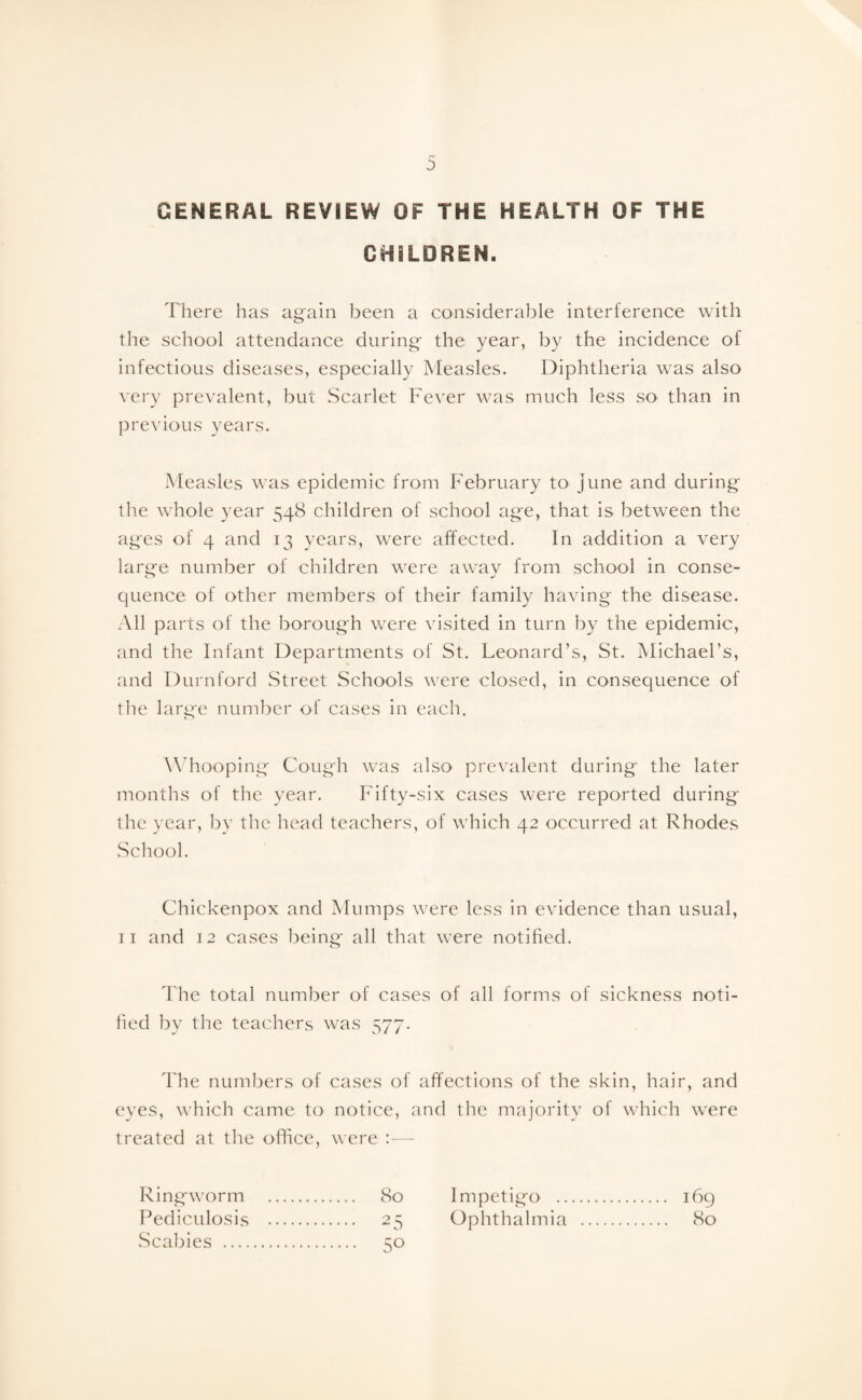 GENERAL REVIEW OF THE HEALTH OF THE CHILDREN. There has again been a considerable interference with the school attendance during the year, by the incidence of infectious diseases, especially Measles. Diphtheria was also very prevalent, but Scarlet Fever was much less so than in previous years. Measles was epidemic from February to June and during the whole year 548 children of school age, that is between the ages of 4 and 13 years, were affected. In addition a very large number of children were away from school in conse¬ quence of other members of their family having the disease. All parts of the borough were visited in turn by the epidemic, and the Infant Departments of St. Leonard’s, St. Michael’s, and Durnford Street Schools were closed, in consequence of the large number of cases in each. Whooping Cough was also prevalent during the later months of the year. Fifty-six cases were reported during the year, by the head teachers, of which 42 occurred at Rhodes School. Chickenpox and Mumps were less in evidence than usual, 11 and 12 cases being all that were notified. The total number of cases of all forms of sickness noti¬ fied by the teachers was 577. The numbers of cases of affections of the skin, hair, and eyes, which came to notice, and the majority of which were treated at the office, were :—- Ringworm . 80 Impetigo . 169 Pediculosis . 25 Ophthalmia . 80 Scabies . 50