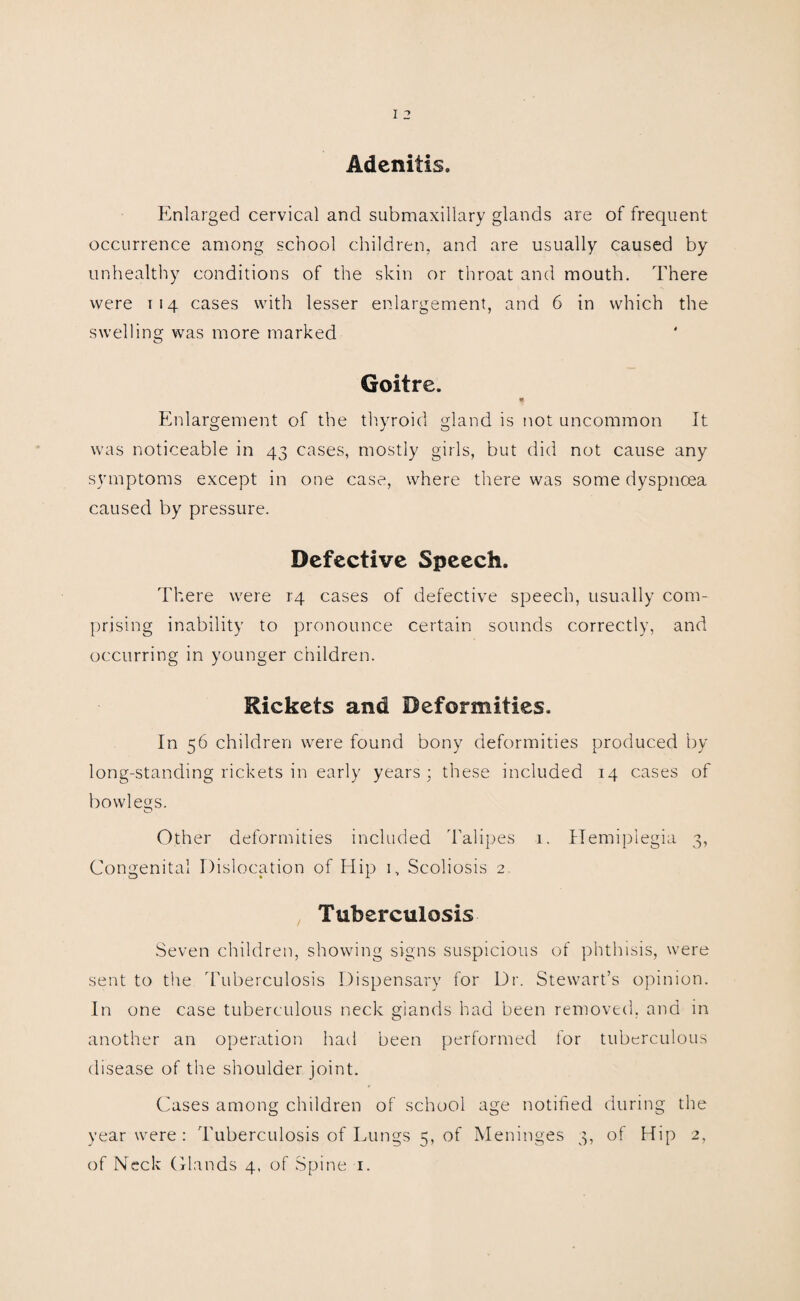 Adenitis. Enlarged cervical and submaxillary glands are of frequent occurrence among school children, and are usually caused by unhealthy conditions of the skin or throat and mouth. There were 114 cases with lesser enlargement, and 6 in which the swelling was more marked Goitre. Enlargement of the th.yroid gland is not uncommon It was noticeable in 43 cases, mostly girls, but did not cause any symptoms except in one case, where there was some dyspncea caused by pressure. Defective Speech. There were r4 cases of defective speech, usually com¬ prising inability to pronounce certain sounds correctly, and occurring in younger children. Rickets and Deformities. In 56 children were found bony deformities produced by long-standing rickets in early years; these included 14 cases of bowlegs. O Other deformities included d'alipes 1. Hemiplegia 3, Congenital Dislocation of Hip 1, Scoliosis 2. , Tuberculosis Seven children, showing signs suspicious of phthisis, were sent to the Tuberculosis Dispensary for Dr. Stewart’s opinion. In one case tuberculous neck glands had been removed, and in another an operation had been performed for tuberculous disease of the shoulder joint. Cases among children of school age notified during the year were : Tuberculosis of Lungs 5, of Meninges 3, of Hip 2,