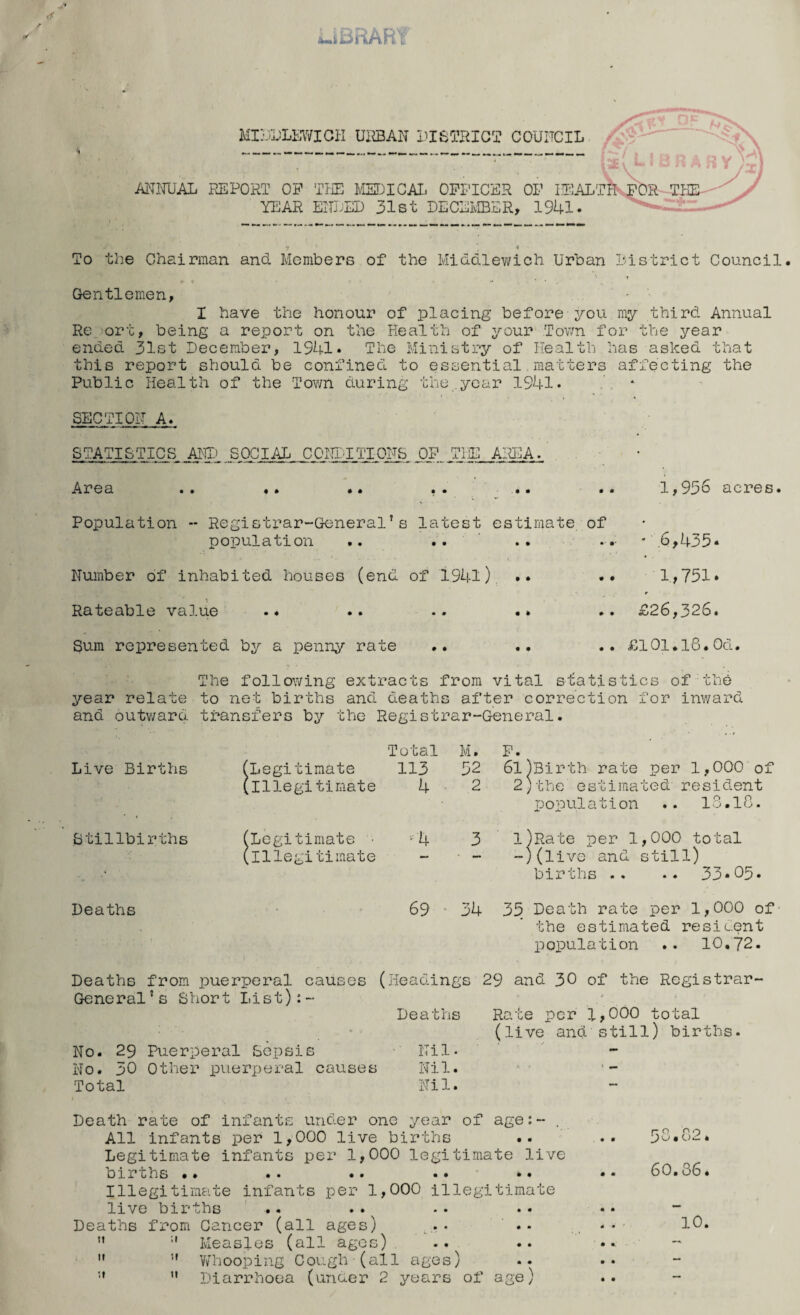 *u.ii BRARt MIDDLEWICH URBAN DISTRICT COUNCIL —r - j j/ L} B R A H Y)iJ ANNUAL REPORT OP THE MEDICAL OFFICER OF HEALTH FOR THE- YEAR ENDED 31st DECEMBER, 1941. . ■n « ' * To the Chairman and Members of the Middlewich Urban District Council \ t «*- f • Gentlemen, ' - I have the honour of placing before you my third Annual Re sort, being a report on the Health of your .Town for the year ended 31st December, 1941* The Ministry of Health has asked that this report should be confined to essential matters affecting the Public Health of the Town during the.year 1941* SECTION A. STATISTICS AND SOCIAL CONDITIONS 0F_THE AREA. Area . . «» •• .. •• •• l,93o acres. Population - Registrar-General’s latest estimate of population .. .. .. .. - 6,435• Number of inhabited houses (end of 1.941) •» •• 1,751* * Rateable value .« .. .. .» .. £26,326. Sum represented by a penny rate £101.18.Od. The following extracts from vital statistics of the year relate to net births and deaths after correction for inward and outward transfers by the Registrar-General. Total M. F. Live Births ( (Legitimate 113 52 61) (Birth rate per 1,000 of I (Illegitimate 4 2 2) i the estimated resident population .. 18.18. Stillbirths 1 (Legitimate ■ *4 3 ■ i) (Rate per 1,000 total i (Illegitimate -) '(live and still) births .. .. 33*05* Deaths 69 34 35 Death rate per 1,000 of the estimated resident population .. 10.72. Deaths from puerperal causes (Headings 29 and 30 of the Registrar- General’s Short List):- Deaths Rate per 1,000 total (live and still) births. No. 29 Puerperal Sepsis Nil- No. 30 Other puerperal causes Nil. Total Nil. Death rate of infants under one year of age:- . All infants per 1,000 live births .. .. 50.82* Legitimate infants per 1,000 legitimate live births •• .. .. .» *. •* 60.36. Illegitimate infants per 1,000 illegitimate live births .. . . ^ Deaths from Cancer (all ages) . - .. 10.  Measles (all ages)   Whooping Cough (all ages)  Diarrhoea (uneer 2 years of age)