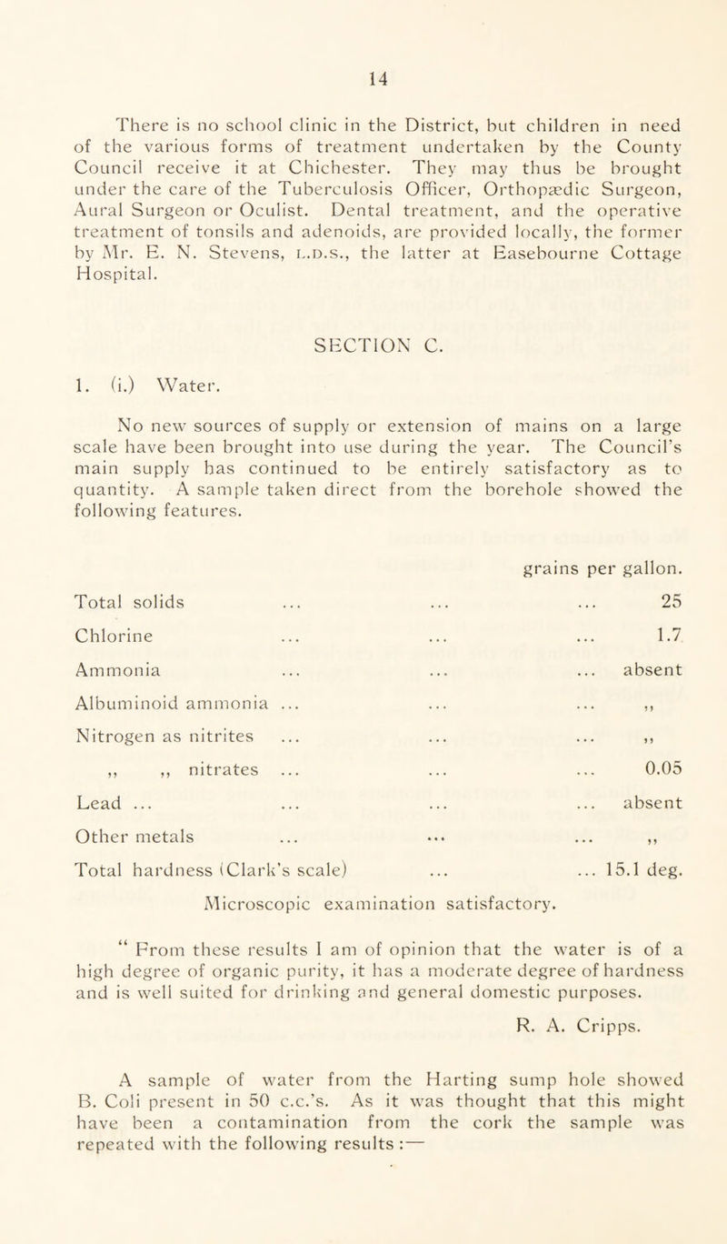 There is no school clinic in the District, hut children in need of the various forms of treatment undertaken by the County Council receive it at Chichester. They may thus be brought under the care of the Tuberculosis Officer, Orthopaedic Surgeon, Aural Surgeon or Oculist. Dental treatment, and the operative treatment of tonsils and adenoids, are provided locally, the former by Mr. E. N. Stevens, l.d.s., the latter at Easebourne Cottage Hospital. SECTION C. 1. (i.) Water. No new sources of supply or extension of mains on a large scale have been brought into use during the year. The Council’s main supply has continued to be entirely satisfactory as to quantity. A sample taken direct from the borehole showed the following features. grains per gallon. Total solids ... ... ... 25 Chlorine ... ... ... 1.7 Ammonia ... ... ... absent Albuminoid ammonia ... ... ... ,, Nitrogen as nitrites ... ... ... ,, ,, ,, nitrates ... ... ... 0.05 Lead ... ... ... ... absent Other metals ... ••• ... ,, Total hardness (Clark’s scale) ... ... 15.1 deg. Microscopic examination satisfactory. From these results 1 am of opinion that the water is of a high degree of organic purity, it has a moderate degree of hardness and is well suited for drinking and general domestic purposes. R. A. Cripps. A sample of water from the Harting sump hole showed B. Coli present in 50 c.c.’s. As it was thought that this might have been a contamination from the cork the sample was repeated with the following results :—