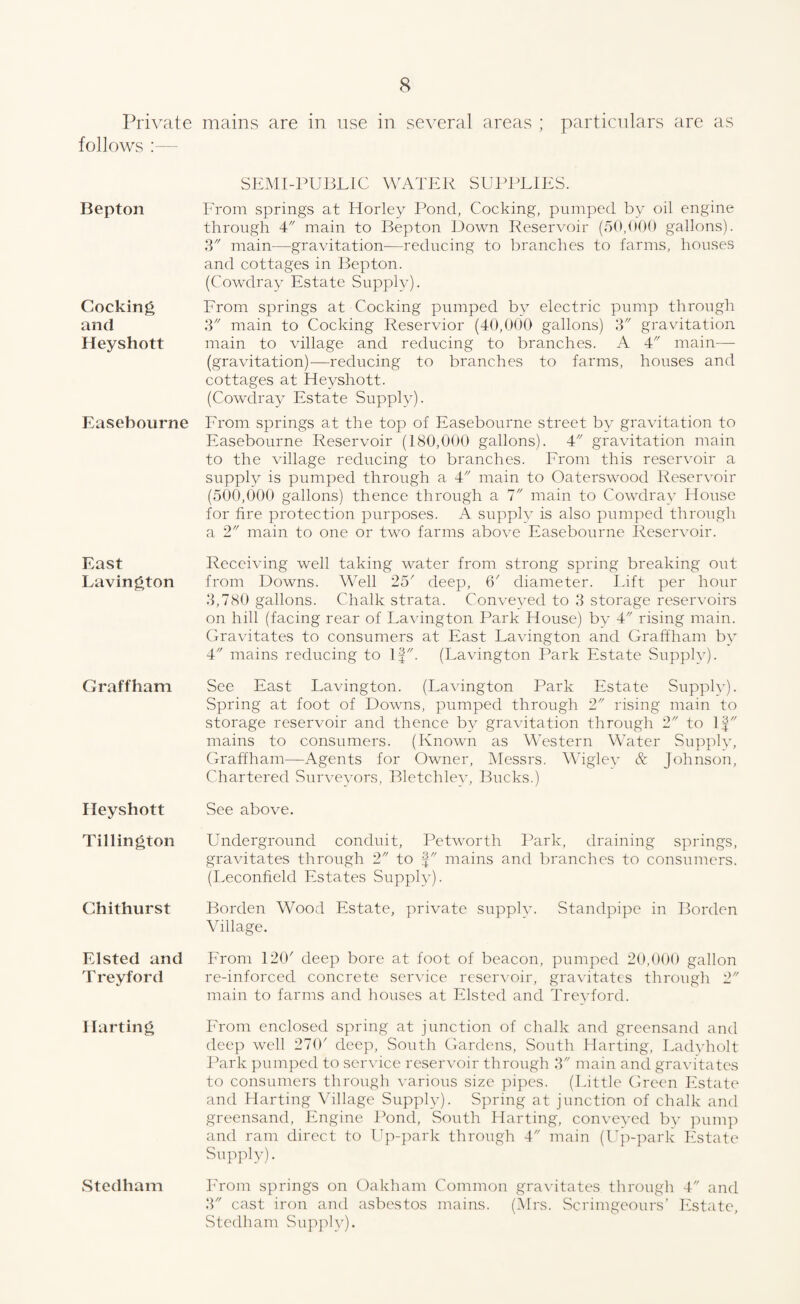 Private mains are in use in several areas ; particulars are as follows :—- Bepton Cocking and Heyshott Easebourne East Lavington Graff ham Heyshott Tillington Chithurst Elsted and Treyford Elarting Stedham SEMI-PUBLIC WATER SUPPLIES. From springs at Horley Pond, Cocking, pumped by oil engine through 4 main to Bepton Down Reservoir (50,000 gallons). 3 main—gravitation—reducing to branches to farms, houses and cottages in Bepton. (Cowdray Estate Supply). From springs at Cocking pumped by electric pump through 3 main to Cocking Reservior (40,000 gallons) 3 gravitation main to village and reducing to branches. A 4 main— (gravitation)—reducing to branches to farms, houses and cottages at Heyshott. (Cowdray Estate Supply). From springs at the top of Easebourne street by gravitation to Easebourne Reservoir (180,000 gallons). 4 gravitation main to the village reducing to branches. From this reservoir a supply is pumped through a 4 main to Oaterswood Reservoir (500,000 gallons) thence through a 7 main to Cowdray House for fire protection purposes. A supply is also pumped through a 2 main to one or two farms above Easebourne Reservoir. Receiving well taking water from strong spring breaking out from Downs. Well 25' deep, 6' diameter. Lift per hour 3,780 gallons. Chalk strata. Conveyed to 3 storage reservoirs on hill (facing rear of Lavington Park House) by 4 rising main. Gravitates to consumers at East Lavington and Graffham by 4 mains reducing to If. (Lavington Park Estate Supply). See East Lavington. (Lavington Park Estate Supply). Spring at foot of Downs, pumped through 2 rising main to storage reservoir and thence by gravitation through 2 to If mains to consumers. (Known as Western Water Supply, Graffham—Agents for Owner, Messrs. Wigley & Johnson, Chartered Surveyors, Bletchley, Bucks.) See above. Underground conduit, Petworth Park, draining springs, gravitates through 2 to f mains and branches to consumers. (Leconfield Estates Supply). Borden Wood Estate, private supply. Standpipe in Borden Village. From 120' deep bore at foot of beacon, pumped 20,000 gallon re-inforced concrete service reservoir, gravitates through 2 main to farms and houses at Elsted and Treyford. From enclosed spring at junction of chalk and greensand and deep well 270' deep, South Gardens, South Harting, Ladyholt Park pumped to service reservoir through 3 main and gravitates to consumers through various size pipes. (Little Green Estate and Harting Village Supply). Spring at junction of chalk and greensand, Engine Pond, South Harting, conveyed by pump and ram direct to Up-park through 4 main (Up-park Estate Supply). From springs on Oakham Common gravitates through 4 and 3 cast iron and asbestos mains. (Mrs. Scrimgeours’ Estate, Stedham Supply).