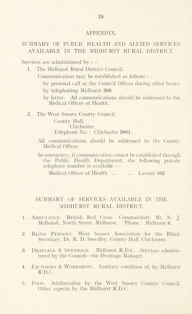 APPENDIX. SUMMARY OF PUBLIC HEALTH AND ALLIED SERVICES AVAILABLE IN THE MIDHURST RURAL DISTRICT. Services are administered by :— 1. The Midhurst Rural District Council. Communication may be established as follows :—- by personal call at the Council Offices during office hours, by telephoning Midhurst 366. by letter. All communications should be addressed to the Medical Officer of Health. 2. The West Sussex County Council, County Hall, Chichester. Telephone No. : Chichester 3001. All communications should be addressed to the County Medical Officer. In emergency, if communication cannot be established through the Public Health Department, the following private telephone number is available —- Medical Officer of Health ... ... Lavant 163 SUMMARY OF SERVICES AVAILABLE IN THE MIDHURST RURAL DISTRICT. 1. Ambulance. British Red Cross. Commandant, Mr. N. J. Melhuish, North Street, Midhurst. ’Phone : Midhurst 6. 2. Blind Persons. West Sussex Association for the Blind. Secretary, Dr. R. D. Smedley, County Hall, Chichester. 3. Drainage & Sewerage. Midhurst R.D.C. Services adminis¬ tered by the Council—the Drainage Manager. 4. Factories & Workshops. Sanitary condition of, by Midhurst R.D.C, 5. Food. Adulteration by the West Sussex County Council. Other aspects by the Midhurst R.D.C.