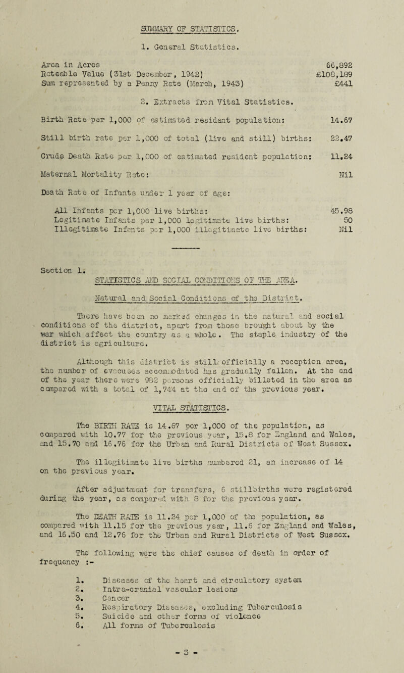 SUMMARY OF STATISTICS. 1. General Statistics. Area in Acres 66,892 Rateable Value (31st December, 1942) £108,189 Sum represented by a Penny Rate (March, 1943) £441 2. Extracts from Vital Statistics. Birth Rate par 1,000 of estimated resident population: 14.67 Still birth rate per 1,000 of total (live and still) births: 22,47 Crude Death Rato per 1,000 of estimated resident population: 11,24 Maternal Mortality Rate: Nil Death Rate of Infants under 1 year of age: All Infants per 1,000 live births: 45.98 Legitimate Infants per 1,000 legitimate live births: 50 Illegitimate Infants per 1,000 illegitimate live births: Nil Section 1. STATISTICS AMD SOCIAL CONDITIONS 0 fpI-TS1 r', -LllCl .r?J. A. Natural and Social Conditions of the District. There hove been no marked changes in the natural and social conditions of the district, apart from those brought about by the war which affect the country as a whole. The staple industry of the district is agriculture. Although this district is still; officially a reception area, the number of evacuees accommodated has gradually fallen. At the end of the year there were 982 persons officially billeted in the area as compared with a total of 1,744 at the end of the previous year. VITAL STATISTICS. The BIRTH RAIS is 14.67 per 1,000 of the population, as compared with 10.77 for the previous year, 15.8 for England and Wales, and 15,70 and 16.76 for the Urban and Itural Districts of West Sussex. The illegitimate live births numbered 21, an increase of 14 on the previous year. After adjustment for transfers, 6 stillbirths were registered during the year, as compared with 8 for the previous year. The DEATH RATE is 11.24 per 1,000 of the population, as compared with 11.15 for the previous year, 11.6 for England and Wales, and 16.50 and 12.76 for the Urban and Rural Districts of West Sussex. The following were the chief causes of death in order of frequency :- 1. Diseases of the heart and circulatory system 2. Intra-cranial vascular lesions 3. Cancer 4. Respiratory Diseases, excluding Tuberculosis 5. Suicide and other forms of violence