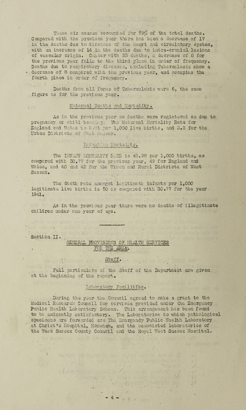Those six causes 'accounted for 79of the total deaths* Compared with the previous year- t lie re has been a decrease of 17 in the deaths due to diseases of the heart and circulatory system, with an increase of 14 in the deaths due to intra-cranial lesions of vascular origin. Cancer with 23 deaths, a decrease of 8 for the previous year falls to the third place in order of frequency* Deaths due to respiratory • diseases, excluding Tuberculosis show a decrease of 8 compared with the previous year, and occupies the fourth place in order of frequency, Deaths from all forms of Tuberculosis were 6, the same figure as for the previous year. Maternal Deaths and mortality* As in the previous year no deaths were registered as due to pregnancy or child bootin g, The Maternal Mortality Hate for England and Wales Is 2,01 per 1,000 live births, and 3.2 for the Urban Districts of Y;cat Sussex,. Ir.fant Vt o Mortality« The IITFAMT MOST SLIT Y HnTE is 45,98 per 1,000 births, as compared with 30,77 for the previous year, 49 for England and Wales, and 40 and 42 for the Urban and Rural Districts of West Sussex. * *“ \ The death rate amongst legitimate infants per 1,000 legitimate live births is 50 as compared with 30.77 for the year 1941, As in the previous year there were no deaths of illegitimate children under one year of age. Section II. . GENERAL PROVISIONS OF HEALTH SERVICES , ~ FOR THE AREA. * ■ Staff. • * 1 -V , , > ' : . Full particulars of the Staff of the Department are given at the beginning of the report. Laboratory Facilities. --During the year the Council agreed to make a grant to the ■Medical Research Council for services provided under the Emergency Public Health Lab oratory Scheme. This arrangement has- been found to be eminently satisfactory. The Laboratories to which pathological specimens arc forwarded are The Emergency Public■Health Laboratory at Christ's Hospital, Horsham, 'arid the associated laboratories of the West Sussex County Council and. the Royal West Sussex Hospital.