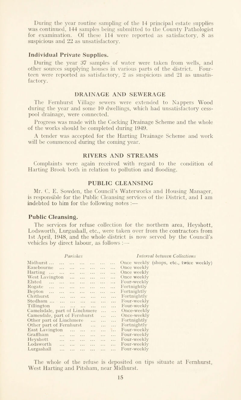 During the year routine sampling of the 14 principal estate supplies was continued, 144 samples being submitted to the County Pathologist for examination. Of these 114 were reported as satisfactory, 8 as suspicious and 22 as unsatisfactory. Individual Private Supplies. During the year 37 samples of water were taken from wells, and other sources supplying houses in various parts of the district. Four¬ teen were reported as satisfactory, 2 as suspicious and 21 as unsatis¬ factory. DRAINAGE AND SEWERAGE The Fernhurst Village sewers were extended to Nappers Wood during the year and some 10 dwellings, which had unsatisfactory cess¬ pool drainage, were connected. Progress was made with the Cocking Drainage Scheme and the whole of the works should be completed during 1949. A tender was accepted for the Harting Drainage Scheme and work will be commenced during the coming year. RIVERS AND STREAMS Complaints were again received with regard to the condition of Harting Brook both in relation to pollution and flooding. PUBLIC CLEANSING Mr. C. E. Sowden, the Council’s Waterworks and Housing Manager, is responsible for the Public Cleansing services of the District, and I am indebted to him for the following notes :— Public Cleansing. The services for refuse collection for the northern area, Iieyshott, Lodsworth, Lurgashall, etc., were taken over from the contractors from 1st April, 1948, and the whole district is now served by the Council’s vehicles by direct labour, as follows :—- Parishes Interval between Collections Midhurst. Easebourne . Harting . West Lavington . Elstcd . Rogate . Bepton . Chithurst . Stedham. Tillington . Camelsdale, part of Linchmere Camesdale, part of Fernhurst Other part of Linchmere Other part of Fernhurst East Lavington . Graffham . Heyshott . Lodsworth . Lurgashall . Once weekly (shops, Once weekly Once weekly Once weekly Four-weekly Fortnightly Fortnightly Fortnightly Four-weekly Four-weekly Once-weekly Once-weekly Fortnightly Fortnightly Four-weekly Four-weekly Four-weekly Four-weekly Four-weekly etc., twice weekly) The whole of the refuse is deposited on tips situate at Fernhurst, West Harting and Pitsham, near Midhurst.