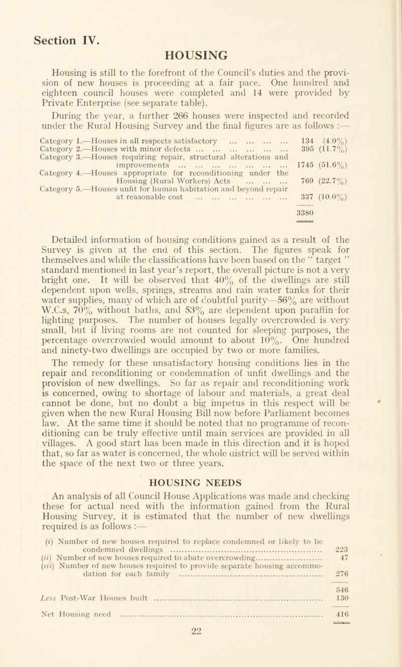 Section IV. HOUSING Housing is still to the forefront of the Council’s duties and the provi¬ sion of new houses is proceeding at a fair pace. One hundred and eighteen council houses were completed and 14 were provided by Private Enterprise (see separate table). During the year, a further 266 houses were inspected and recorded under the Rural Housing Survey and the final figures are as follows — Category 1.—-Houses in all respects satisfactory . 134 (4.0%) Category 2.—Houses with minor defects. 395 (11.7%) Category 3.—Houses requiring repair, structural alterations and improvements . 1745 (51.6%) Category 4.—Houses appropriate for reconditioning under the Housing (Rural Workers) Acts . 769 (22.7%) Category 5.—Houses unfit for human habitation and beyond repair at reasonable cost . 337 (10.0%) 3380 Detailed information of housing conditions gained as a result of the Survey is given at the end of this section. The figures speak for themselves and while the classifications have been based on the “ target ” standard mentioned in last year’s report, the overall picture is not a very bright one. It will be observed that 40% of the dwellings are still dependent upon wells, springs, streams and rain water tanks for their water supplies, many of which are of doubtful purity—56% are without W.C.s, 70% without baths, and 53% are dependent upon paraffin for lighting purposes. The number of houses legally overcrowded is very small, but if living rooms are not counted for sleeping purposes, the percentage overcrowded would amount to about 10%. One hundred and ninety-two dwellings are occupied by two or more families. The remedy for these unsatisfactory housing conditions lies in the repair and reconditioning or condemnation of unfit dwellings and the provision of new dwellings. So far as repair and reconditioning work is concerned, owing to shortage of labour and materials, a great deal cannot be done, but no doubt a big impetus in this respect will be given when the new Rural Housing Bill now before Parliament becomes law. At the same time it should be noted that no programme of recon¬ ditioning can be truly effective until main services are provided in all villages. A good start has been made in this direction and it is hoped that, so far as water is concerned, the whole district will be served within the space of the next two or three years. HOUSING NEEDS An analysis of all Council House Applications was made and checking these for actual need with the information gained from the Rural Housing Survey, it is estimated that the number of new dwellings required is as follows :— (i) Number of new houses required to replace condemned or likely to be condemned dwellings . 223 («) Number of new houses required to abate overcrowding. 47 (lii) Number of new houses required to provide separate housing accommo¬ dation for each family . 276 546 Less Post-War Houses built ... 130 Net Housing need . 416
