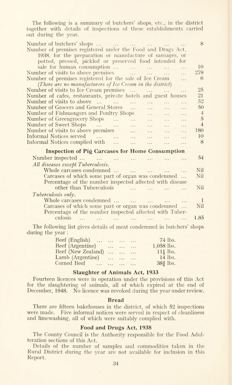 The following is a summary of butchers’ shops, etc., in the district together with details of inspections of these establishments carried out during the year. Number of butchers’ shops ... ... ... ... ... ... 8 Number of premises registered under the Food and Drugs Act, 1938, for the preparation or manufacture of sausages, or potted, pressed, pickled or preserved food intended for sale for human consumption ... ... ... ... ... 10 Number of visits to above premises ... ... ... ... 279 Number of premises registered for the sale of Ice Cream ... 6 (There are no manufacturers of Ice Cream in the district) Number of visits to Ice Cream premises ... ... ... ... 25 Number of cafes, restaurants, private hotels and guest houses 21 Number of visits to above ... ... ... ... ... ... 52 Number of Grocers and General Stores ... ... ... ... 50 Number of Fishmongers and Poultry Shops ... ... ... 4 Number of Greengrocery Shops ... ... ... ... ... 5 Number of Sweet Shops ... ... ... ... ... ... 4 Number of visits to above premises ... ... ... ... 180 Informal Notices served ... ... ... ... ... ... 10 Informal Notices complied with ... ... ... ... ... 8 Inspection of Pig Carcases for Home Consumption Number inspected ... ... ... ... ... ... ... 54 All diseases except Tuberculosis. Whole carcases condemned ... ... ... ... ... Nil Carcases of which some part of organ was condemned ... Nil Percentage of the number inspected affected with disease other than Tuberculosis ... ... ... ... Nil Tuberculosis only. Whole carcases condemned ... ... ... ... ... 1 Carcases of which some part or organ was condemned ... Nil Percentage of the number inspected affected with Tuber¬ culosis ... ... ... ... ... ... ... 1.85 The following list gives details of meat condemned in butchers’ shops during the year : Beef (English) . 74 lbs. Beef (Argentine) . 1,058 lbs. Beef (New Zealand) . 11J lbs. Lamb (Argentine) . 14 lbs. Corned Beef . 38f lbs. Slaughter of Animals Act, 1933 Fourteen licences were in operation under the provisions of this Act for the slaughtering of animals, all of which expired at the end of December, 1948. No licence was revoked during the year under review. Bread There are fifteen bakehouses in the district, of which 52 inspections were made. Five informal notices were served in respect of cleanliness and limewashing, all of which were suitably complied with. Food and Drugs Act, 1938 The County Council is the Authority responsible for the Food Adul¬ teration sections of this Act. Details of the number of samples and commodities taken in the Rural District during the year are not available for inclusion in this Report.