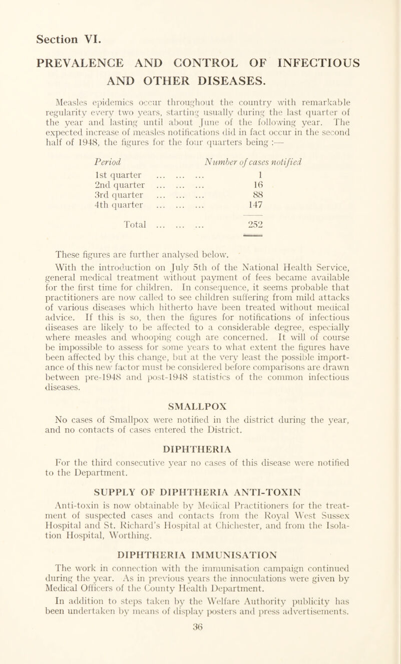 PREVALENCE AND CONTROL OF INFECTIOUS AND OTHER DISEASES. Measles epidemics occur throughout the country with remarkable regularity every two years, starting usually during the last quarter of the year and lasting until about June of the following year. The expected increase of measles notifications did in fact occur in the second half of 1948, the figures for the four quarters being :— Period Number of cases notified 1st quarter . 1 2nd quarter . 16 3rd quarter . 88 4th quarter . 147 Total . 9^0 0 • • f These figures are further analysed below. With the introduction on July 5th of the National Health Service, general medical treatment without payment of fees became available for the first time for children. In consequence, it seems probable that practitioners are now called to see children suffering from mild attacks of various diseases which hitherto have been treated without medical advice. If this is so, then the figures for notifications of infectious diseases are likely to be affected to a considerable degree, especially where measles and whooping cough are concerned. It will of course be impossible to assess for some years to what extent the figures have been affected by this change, but at the very least the possible import¬ ance of this new factor must be considered before comparisons are drawn between pre-1948 and post-1948 statistics of the common infectious diseases. SMALLPOX No cases of Smallpox were notified in the district during the year, and no contacts of cases entered the District. DIPHTHERIA For the third consecutive year no cases of this disease were notified to the Department. SUPPLY OF DIPHTHERIA ANTI-TOXIN Anti-toxin is now obtainable by Medical Practitioners for the treat¬ ment of suspected cases and contacts from the Royal West Sussex Hospital and St. Richard’s Hospiital at Chichester, and from the Isola¬ tion Hospital, Worthing. DIPHTHERIA IMMUNISATION l'he work in connection with the immunisation campaign continued during the year. As in previous years the innoculations were given by Medical Officers of the County Health Department. In addition to steps taken by the Welfare Authority publicity has been undertaken by means of display posters and press advertisements.