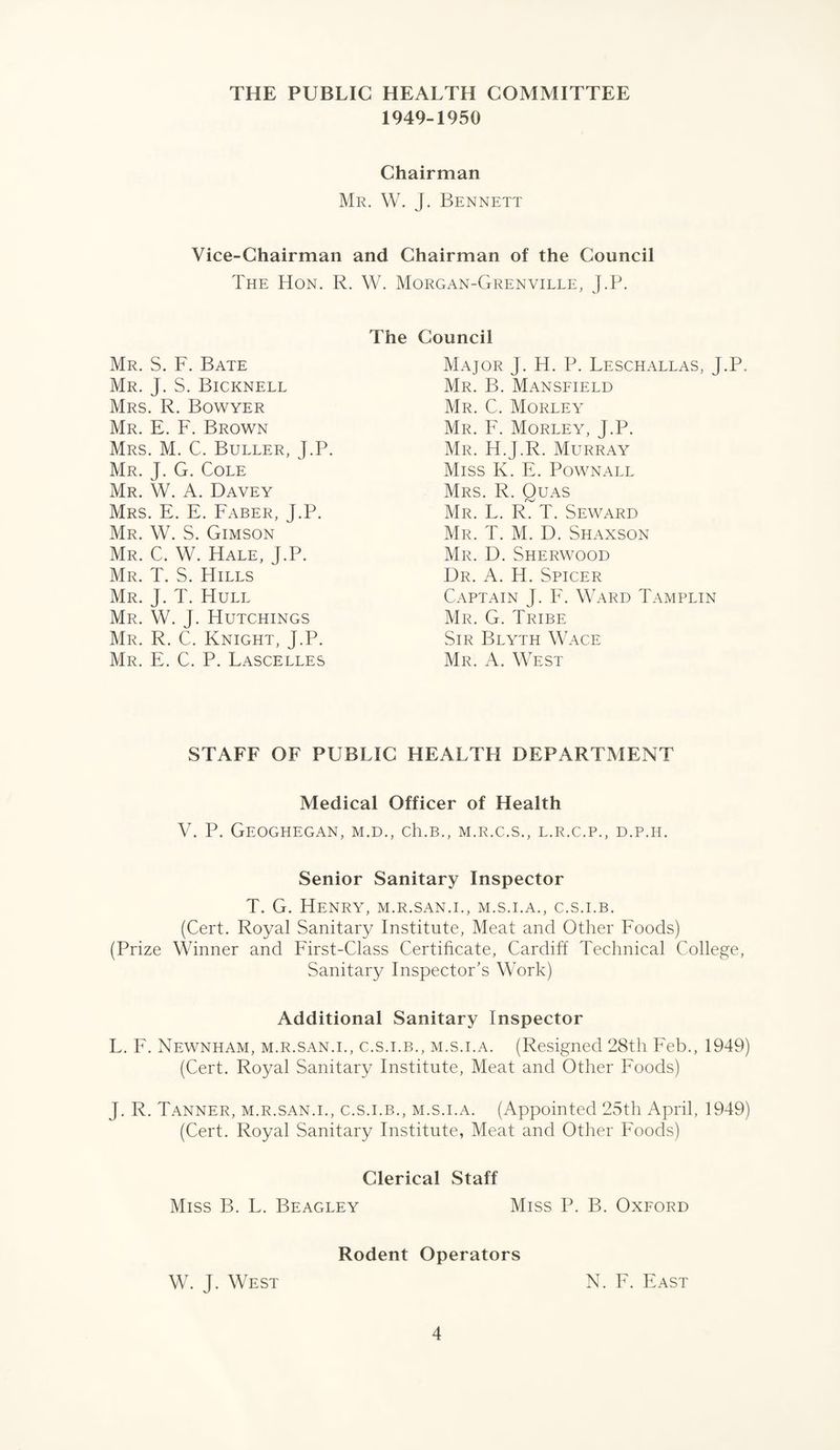 THE PUBLIC HEALTH COMMITTEE 1949-1950 Chairman Mr. W. J. Bennett Vice-Chairman and Chairman of the Council The Hon. R. W. Morgan-Grenville, J.P. Mr. S. F. Bate Mr. J. S. Bicknell Mrs. R. Bowyer Mr. E. F. Brown Mrs. M. C. Buller, J.P. Mr. J. G. Cole Mr. W. A. Davey Mrs. E. E. Faber, J.P. Mr. W. S. Gimson Mr. C. W. Hale, J.P. Mr. T. S. Hills Mr. J. T. Hull Mr. W. J. Hutchings Mr. R. C. Knight, J.P. Mr. E. C. P. Lascelles The Council Major J. H. P. Leschallas, J.P. Mr. B. Mansfield Mr. C. Morley Mr. F. Morley, J.P. Mr. H.J.R. Murray Miss K. E. Pownall Mrs. R. Quas Mr. L. R. T. Seward Mr. T. M. D. Shaxson Mr. D. Sherwood Dr. A. H. Spicer Captain J. F. Ward Tamplin Mr. G. Tribe Sir Blyth Wace Mr. A. West STAFF OF PUBLIC HEALTH DEPARTMENT Medical Officer of Health V. P. GEOGHEGAN, M.D., Ch.B., M.R.C.S., L.R.C.P., D.P.H. Senior Sanitary Inspector T. G. Henry, m.r.san.i., m.s.i.a., c.s.i.b. (Cert. Royal Sanitary Institute, Meat and Other Foods) (Prize Winner and First-Class Certificate, Cardiff Technical College, Sanitary Inspector’s Work) Additional Sanitary Inspector L. F. Newnham, m.r.san.i., c.s.i.b., m.s.i.a. (Resigned 28th Feb., 1949) (Cert. Royal Sanitary Institute, Meat and Other Foods) J. R. Tanner, m.r.san.i., c.s.i.b., m.s.i.a. (Appointed 25th April, 1949) (Cert. Royal Sanitary Institute, Meat and Other Foods) Clerical Staff Miss B. L. Beagley Miss P. B. Oxford Rodent Operators W. J. West N. F. East