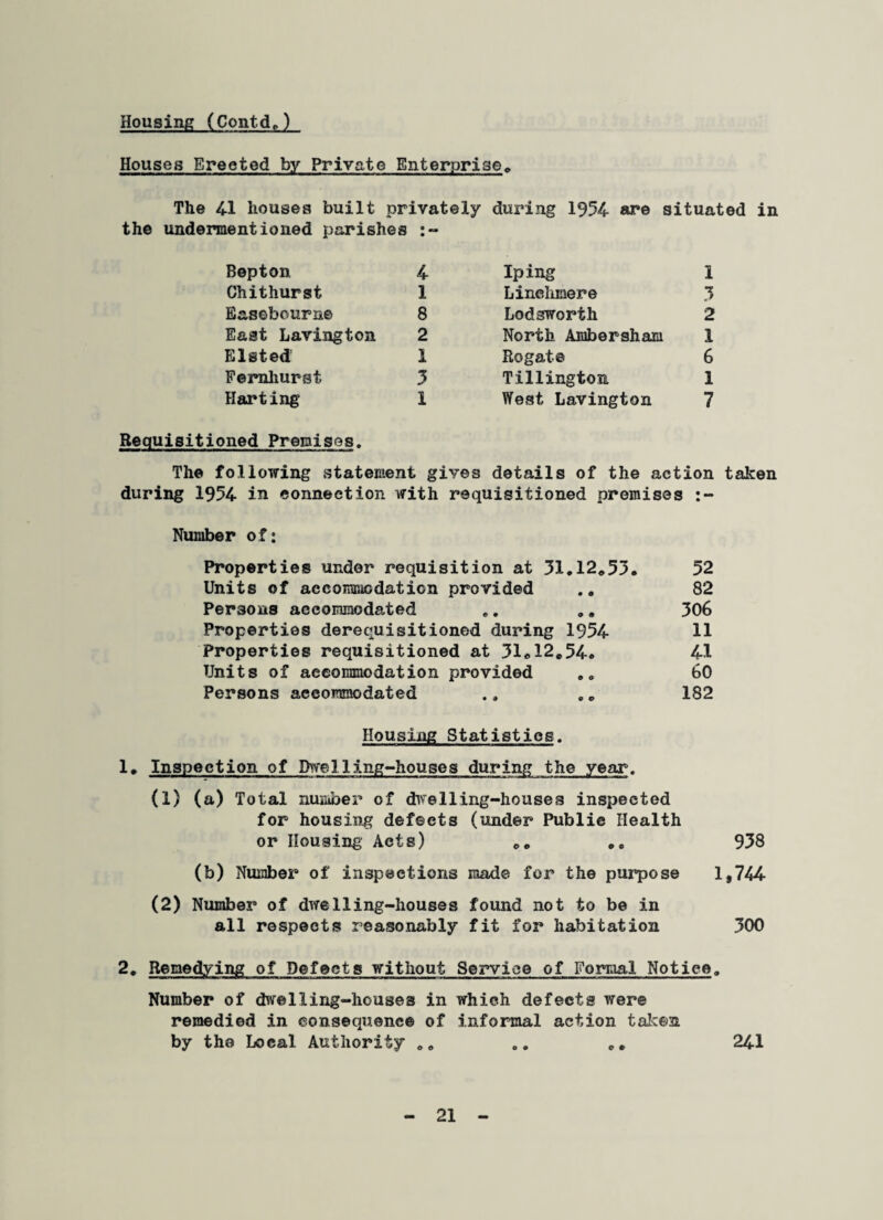 Housing (Contd,) Houses Erected by Private Enterprise,, The 4-1 houses built privately during 1954 are situated in the undermentioned parishes Bepton 4 Chithurst 1 Easebourn© 8 East Lavington 2 Elsted 1 Ferahurst 3 Harting 1 Requisitioned Premises, The following statement gives details of the action taken during 1954 in connection with requisitioned premises :- Number o?: Properties under requisition at 31.12*53, Units of accommodation provided Persons accommodated .. „. Properties derequisitioned during 1954 Properties requisitioned at 31,12*54, Units of accommodation provided Persons accommodated Housing Statistics. 1, Inspection of Dwelling-houses during the year. (1) (a) Total number of dwelling-houses inspected for housing defects (under Publie Health or Housing' Acts) „ 938 (b) Number of inspections made for the purpose 1,744 (2) Number of dwelling-houses found not to be in all respects reasonably fit for habitation 300 2. Remedying of Defects without Service of Formal Notice, Number of dwelling-houses in which defects were remedied in consequence of informal action taken by the Local Authority „. 00 c, 241 52 82 306 11 41 60 182 Iping 1 Linelunere 3 Lodsworth 2 North Aiubersham 1 Rogat© 6 Tillxngton 1 West Lavington 7