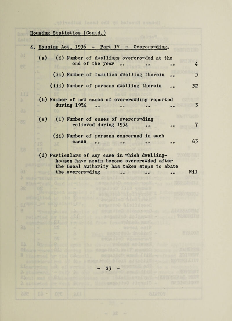 4. Housing Act. 1936 - Part IV - Overcrowding* (a) (i) Number of dwellings overcrowded at the end of the year .. . „ 4 (ii) Number of families dwelling therein *. 5 (iii) Number of persons dwelling therein . * 32 (b) Number of new eases of overcrowding reported during 1934 .. .. .. .. 3 (c) (i) Number of cases of overcrowding relieved during 1954 .. .• 7 (ii) Number of persons concerned in such cases *« «« •» •• 63 (d) Particulars of any case in which dwelling- houses have again become overcrowded after the Local Authority has taken steps to abate the overcrowding .. „ Nil