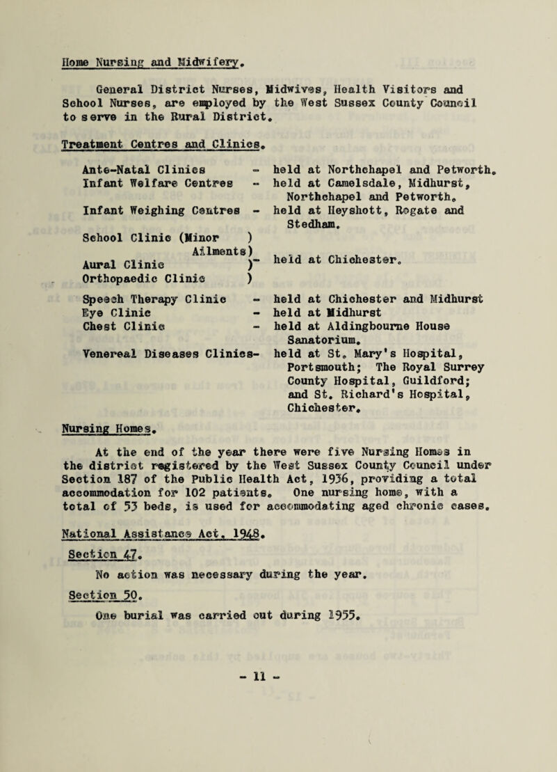 Home Nursing and Midwifery, General District Nurses, Midwives, Health Visitors and School Nurses, are employed by the West Sussex County Council to serve in the Rural District, Treatment Centres and Clinics, uw»—•mammmow—■—————»—» ■ ■■ nna——iw ■ held at Northchapel and Petworth, held at Camelsdale, Midhurst, Northchapel and Petworth, held at Ileyshott, Rogate and Stedham. held at Chichester, held at Chichester and Midhurst held at Midhurst held at Aldingboume House Sanatorium, held at St, Mary*s Hospital, Portsmouth; The Royal Surrey County Hospital, Guildford; and St, Richard's Hospital, Chichester, Nursing Homes, At the end of the year there were five Nursing Homes in the district registered by the West Sussex County Council under Section 187 of the Public Health Act, 1936, providing a total accommodation for 102 patients. One nursing home, with a total cf 53 beds, is used for accommodating aged chronic cases. National Assistance Act, 1948, Section 47. No action was necessary during the year. Section 50, One burial was carried out during 1955, Ante-Natal Clinics Infant Welfare Centres Infant Weighing Centres - School Clinic (Minor ) Ailments) Aural Clinic )” Orthopaedic Clinic ) Speech Therapy Clinic Eye Clinic - Chest Clinic Venereal Diseases Clinies-