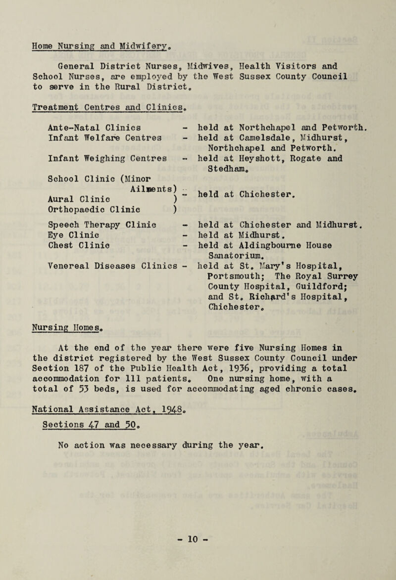 Home Nursing and Midwifery* General District Nurses, Midwives, Health Visitors and School Nurses, are employed by the West Sussex County Council to serve in the Rural District, Treatment Centres and Clinics, Ante-Natal Clinics Infant Welfare Centres Infant Weighing Centres School Clinic (Minor Ailments) Aural Clinic ) Orthopaedic Clinic ) Speech Therapy Clinic Eye Clinic Chest Clinic Venereal Diseases Clinics - held at Northchapel and Petworth. held at Camelsdale, Midhurst, Northchapel and Petworth. held at Heyshott, Rogate and Stedham. held at Chichester. held at Chichester and Midhurst, held at Midhurst, held at Aldingboume House Sanatorium. held at St, Mary’s Hospital, Portsmouth; The Royal Surrey County Hospital, Guildford; and St, Richard's Hospital, Chichester, Nursing Homes, At the end of the year there were five Nursing Homes in the district registered by the West Sussex County Council under Section 187 of the Public Health Act, 1936, providing a total accommodation for 111 patients. One nursing home, with a total of 53 beds, is used for accommodating aged chronic cases. National Assistance Act, 1948. Sections 47 and 50» No action was necessary during the year.