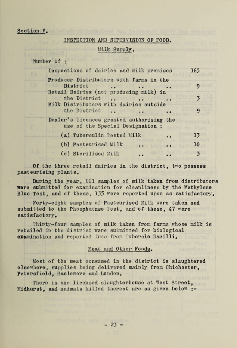 INSPECTION AND SUPERVISION OF FOOD. Milk Supply. Number o f : Inspections of dairies and milk premises 165 Producer Distributors with farms in the District .. .. .. 9 Retail Dairies (not producing milk) in the District „„ .* 3 Milk Distributors with dairies outside the District .. .. .. 9 Dealer*s licences granted authorising the use of the Special Designation : (a) Tuberculin Tested Milk .. 13 (b) Pasteurised Milk .. .. 10 (c) Sterilised Milk .. .. 3 Of the three retail dairies in the district, two possess pasteurising plants,. During the year, 161 samples of milk taken from distributors were submitted for examination for cleanliness by the Methylene Blue Test, and of these, 135 were reported upon as satisfactory. Forty-eight samples of Pasteurised Milk were taken and submitted to the Phosphatase Test, and of these, 47 were satisfactory. Thirty-four samples of milk taken from farms whose milk is retailed in the district were submitted for biological examination and reported free from Tubercle Bacilli, Meat and Other Foods, Most of the meat consumed in the district is slaughtered elsewhere, supplies being delivered mainly from Chichester, Petersfield, Haslemere and London, There is one licensed slaughterhouse at West Street, Midhurst, and animals killed thereat are as given below