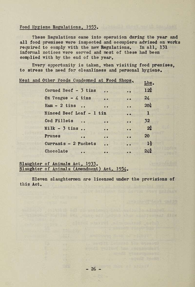 Food Hygiene Regulations, 1955* These Regulations came into operation during the year and all food premises were inspected and occupiers advised on works required to comply with the new Regulations. In all, 131 informal notices were served and most of these had been complied with by the end of the year. Every opportunity is taken, when visiting food premises, to stress the need for cleanliness and personal hygiene* Meat and Other Foods Condemned at Food Shops* .. Lbs. 12! 24. 20* 1 32 2f Corned Beef - 3 tins Ox Tongue - 4 tins Ham - 2 tins .. Minced Beef Loaf - 1 tin Cod Fillets Milk - 3 tins Prunes Currants - 2 Packets Chocolate • # Slaughter of Animals Act. 1933• Slaughter of Animals (Amendment) Act,, 1954-* Eleven slaughtermen are licensed under the provisions of this Act.
