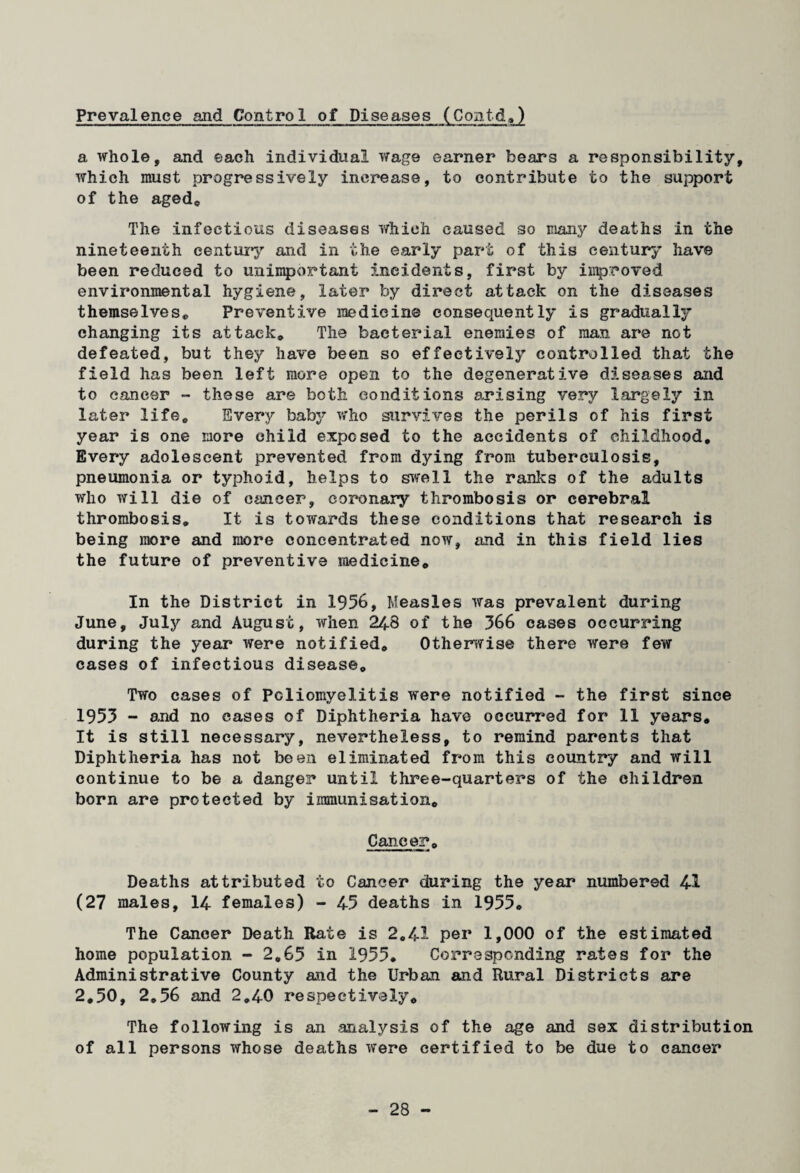 Prevalence and Control of Diseases (Contd*) a whole, and each individual wage earner bears a responsibility, which must progressively increase, to contribute to the support of the aged. The infectious diseases which caused so many deaths in the nineteenth century and in the early part of this century have been reduced to unimportant incidents, first by improved environmental hygiene, later by direct attack on the diseases themselves* Preventive medicine consequently is gradually changing its attack* The bacterial enemies of man are not defeated, but they have been so effectively controlled that the field has been left more open to the degenerative diseases and to cancer - these are both conditions arising very largely in later life* Every baby who survives the perils of his first year is one more child exposed to the accidents of childhood. Every adolescent prevented from dying from tuberculosis, pneumonia or typhoid, helps to swell the ranks of the adults who will die of cancer, coronary thrombosis or cerebral thrombosis* It is towards these conditions that research is being more and more concentrated now, and in this field lies the future of preventive medicine* In the District in 1956, Measles was prevalent during June, July and August, when 248 of the 566 cases occurring during the year were notified* Otherwise there were few cases of infectious disease* Two cases of Poliomyelitis were notified - the first since 1955 - and no cases of Diphtheria have occurred for 11 years. It is still necessary, nevertheless, to remind parents that Diphtheria has not been eliminated from this country and will continue to be a danger until three-quarters of the children born are protected by immunisation* Cancer* Deaths attributed to Cancer during the year numbered 41 (27 males, 14 females) - 45 deaths in 1955* The Cancer Death Rate is 2*41 per 1,000 of the estimated home population - 2*65 in 1955. Corresponding rates for the Administrative County and the Urban and Rural Districts are 2*50, 2.56 and 2*40 respectively* The following is an analysis of the age and sex distribution of all persons whose deaths were certified to be due to cancer